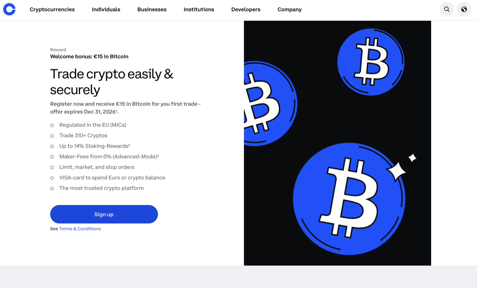 Coinbase welcome offer page reading Welcome bonus: €15 in Bitcoin, Trade crypto easily and securely, register now and receive €15 in Bitcoin for your first trade, offer expires Dec 31 2026