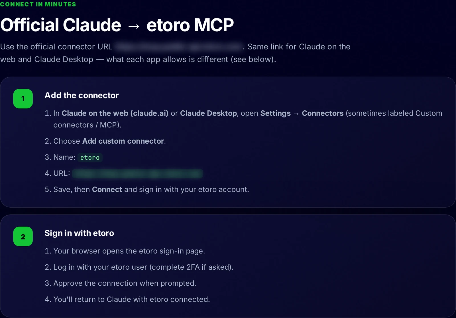 eToro's official Claude setup guide in dark mode, showing two steps: add a custom connector named etoro under Settings and Connectors, then sign in with eToro and approve the connection. The connector address is blurred