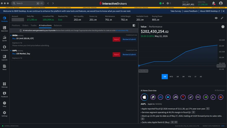IBKR Desktop in dark mode on a simulated trading account, showing two AI-drafted instructions, a limit order for NVDA and a market order for AAPL, each with Reject and Review and Submit buttons