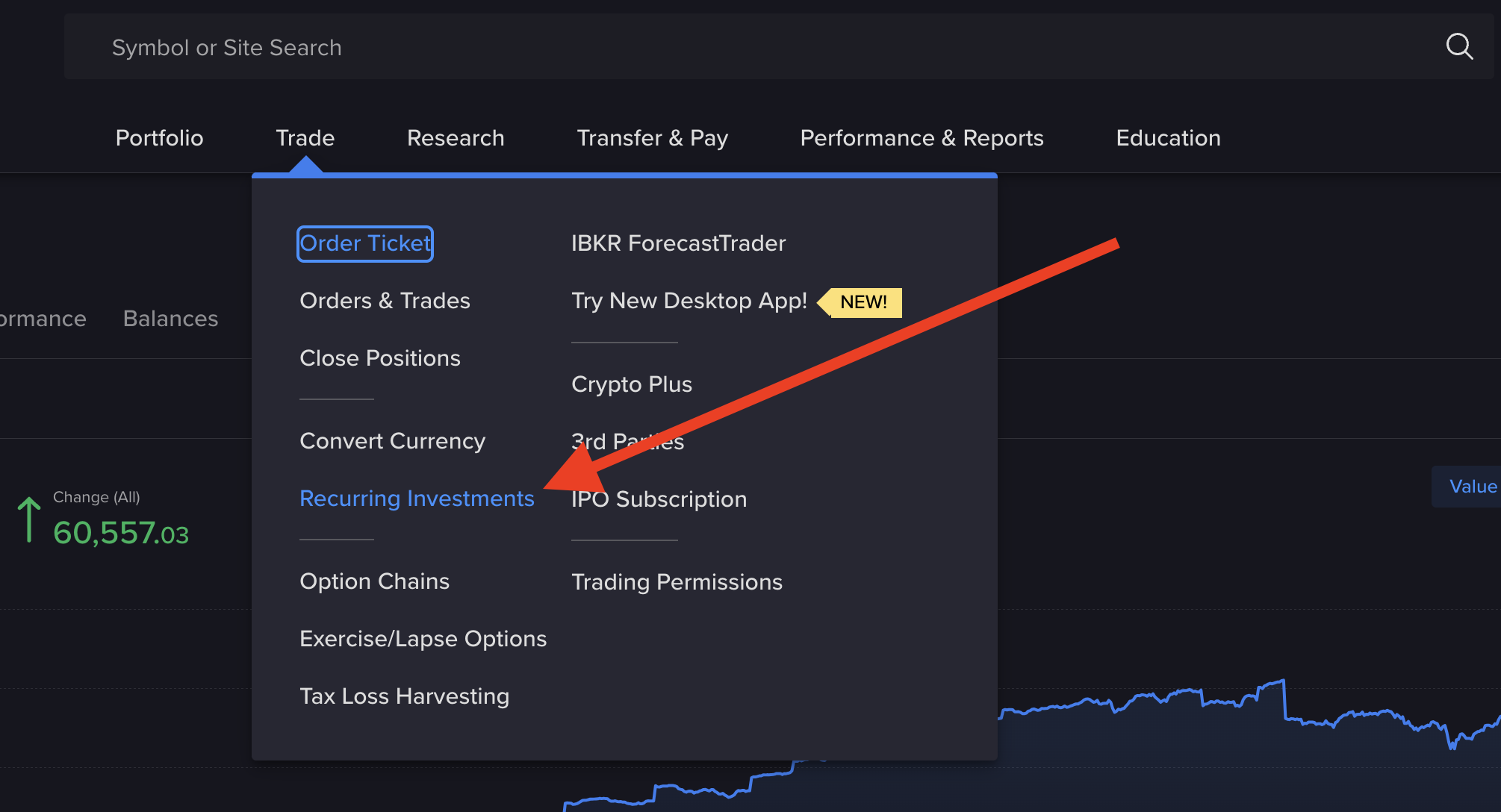 Interactive Brokers web platform Trade menu open, with a red arrow pointing to the Recurring Investments option alongside Order Ticket, Orders and Trades, and Convert Currency.