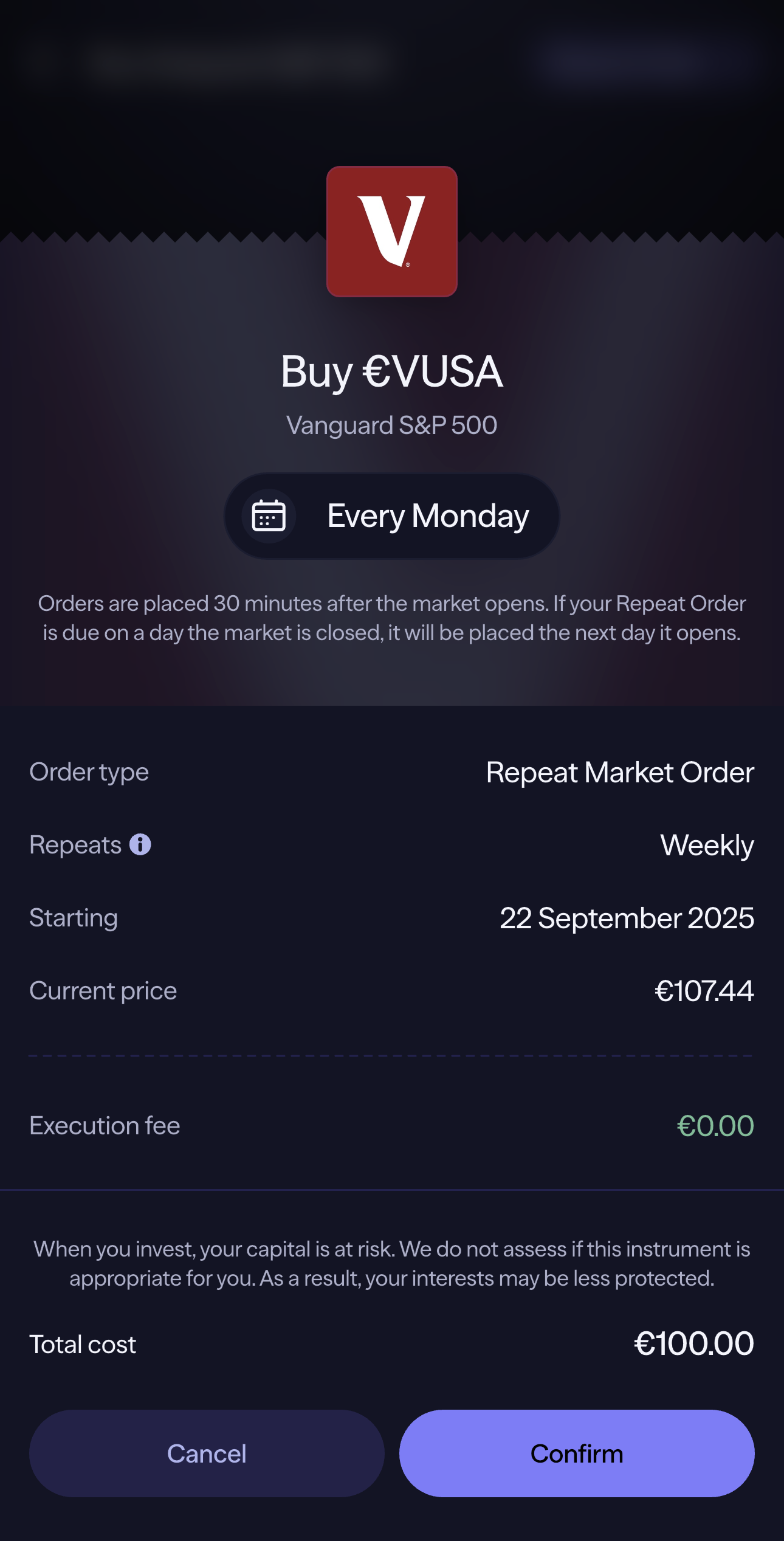 Lightyear app order screen for a recurring buy of EUR VUSA, the Vanguard S&P 500 ETF, set to Every Monday as a weekly repeat market order starting 22 September 2025, current price €107.44, execution fee €0.00 and total cost €100.00, with a capital-at-risk notice.