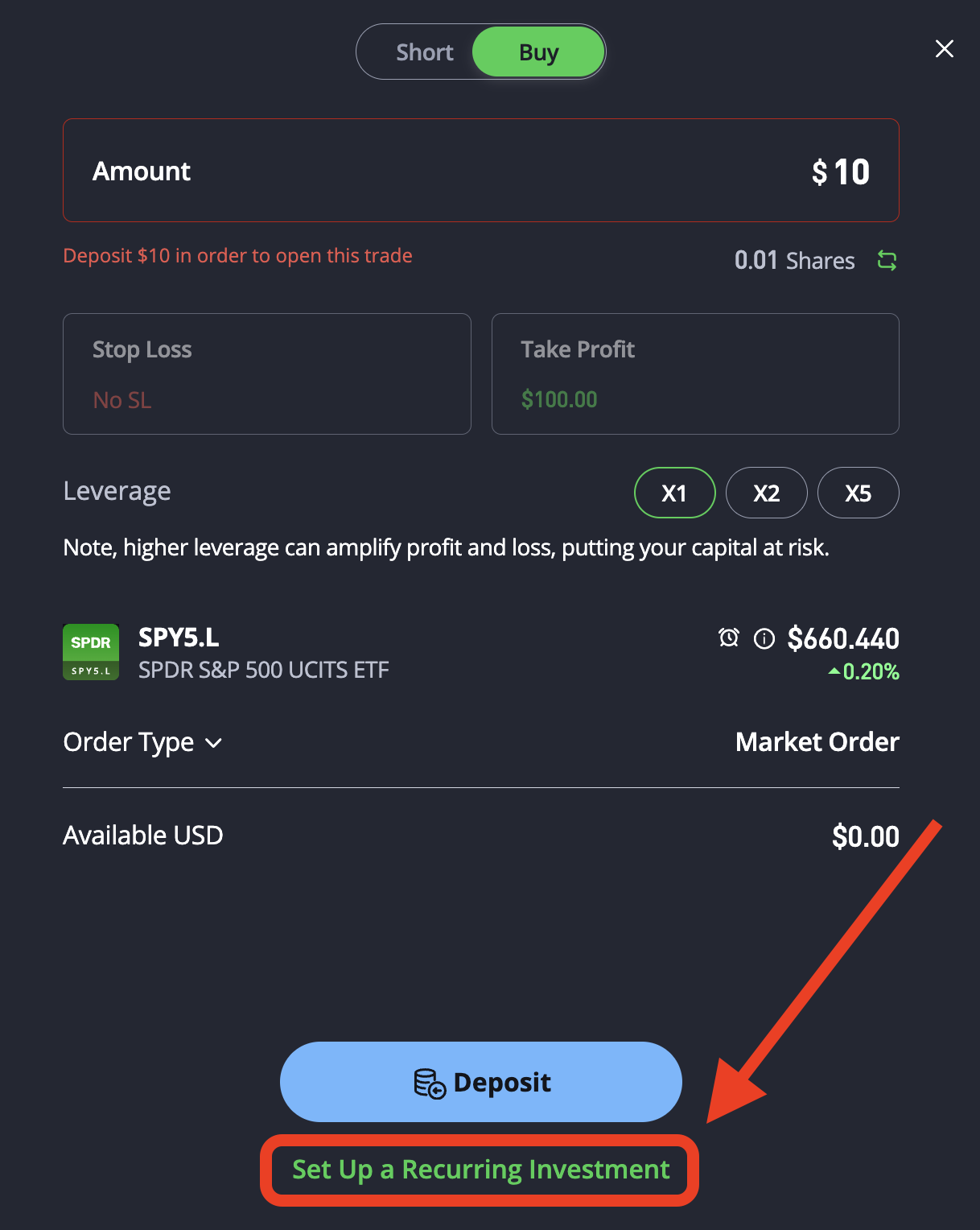 eToro buy order ticket for the SPDR S&P 500 UCITS ETF, ticker SPY5.L, with an amount of $10 and a red arrow highlighting the Set Up a Recurring Investment button below the Deposit button.