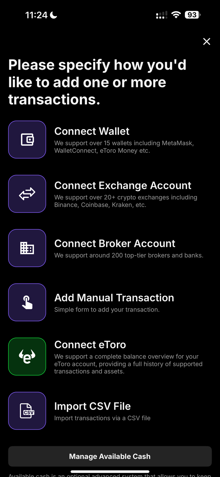 Delta add-transactions sheet listing connection options: Connect Wallet, Connect Exchange Account, Connect Broker Account, Add Manual Transaction, Connect eToro and Import CSV File