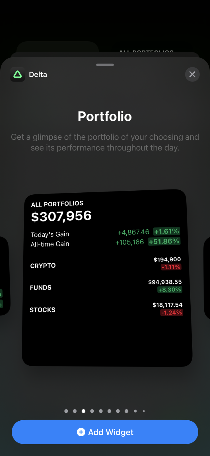 Delta home-screen widget picker showing a Portfolio widget preview for All Portfolios worth 307,956 dollars with today's gain, all-time gain and crypto, funds and stocks rows, and an Add Widget button
