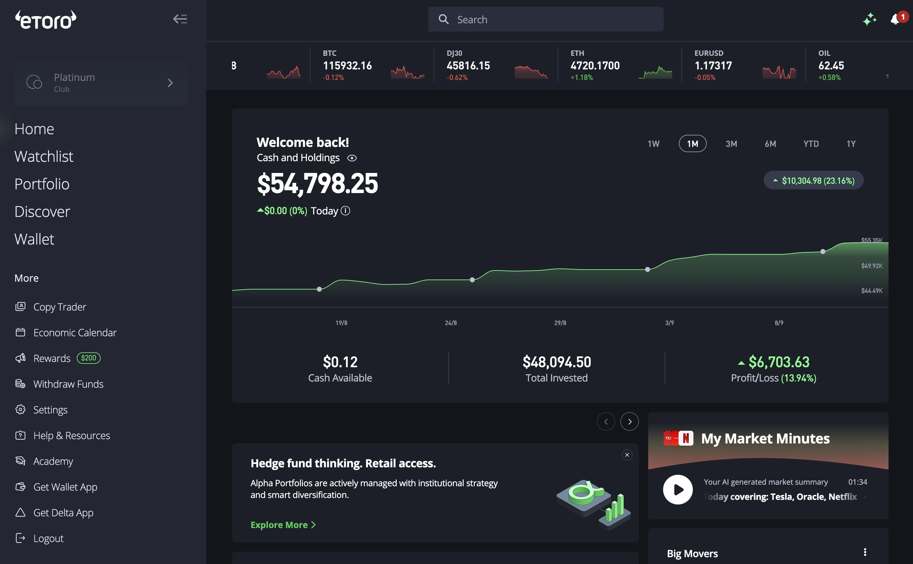 eToro web dashboard showing a Cash and Holdings balance of $54,798.25, a portfolio value chart, and Cash Available, Total Invested and Profit Loss figures, with the left navigation menu including Copy Trader and Wallet