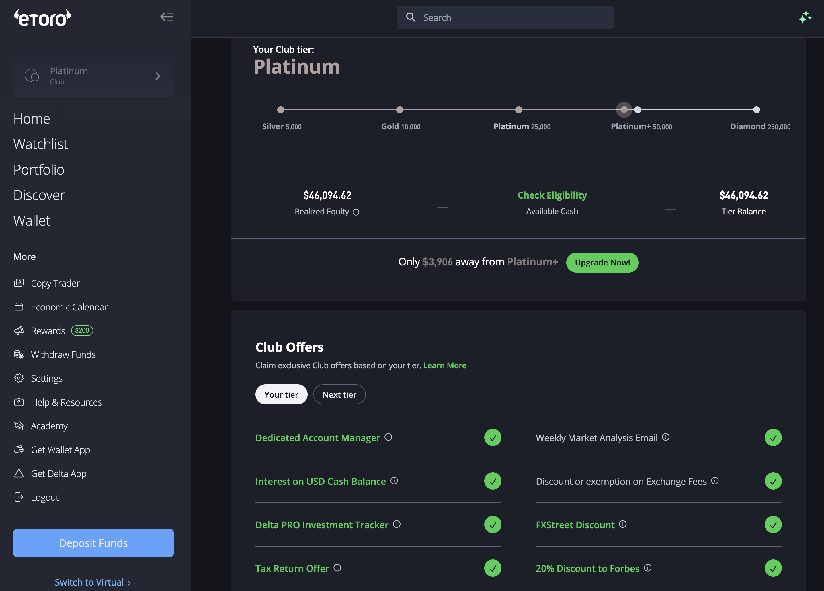 eToro Club tier screen showing a Platinum membership with a progression bar from Silver $5,000 through Gold, Platinum, Platinum+ to Diamond $250,000, realized equity of $46,094.62, and a Club Offers list including Dedicated Account Manager, Interest on USD Cash Balance and Discount or exemption on Exchange Fees, each ticked