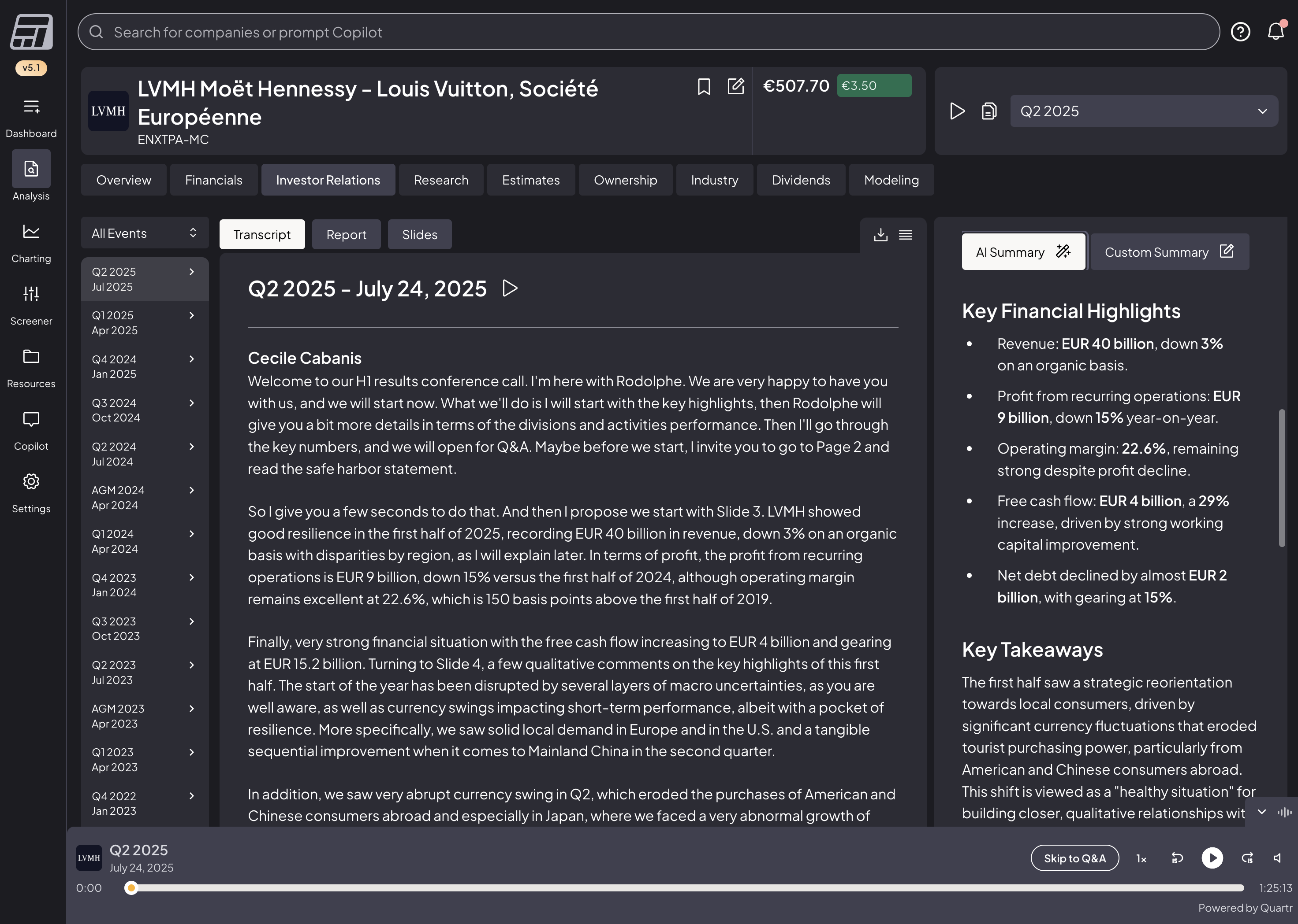 Fiscal.ai investor relations view showing the LVMH Q2 2025 earnings call transcript alongside an AI Summary panel with key financial highlights and key takeaways
