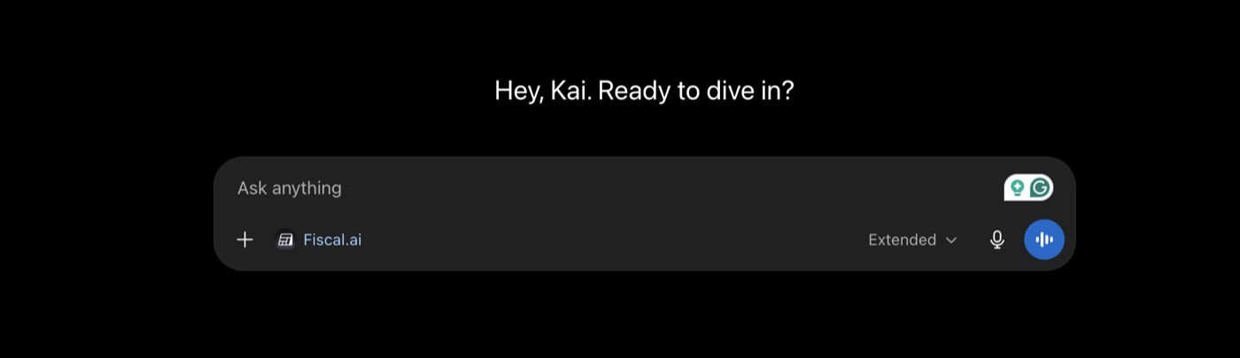 ChatGPT prompt bar greeting Kai with Ready to dive in and the Fiscal.ai app connected as a tool in the input box