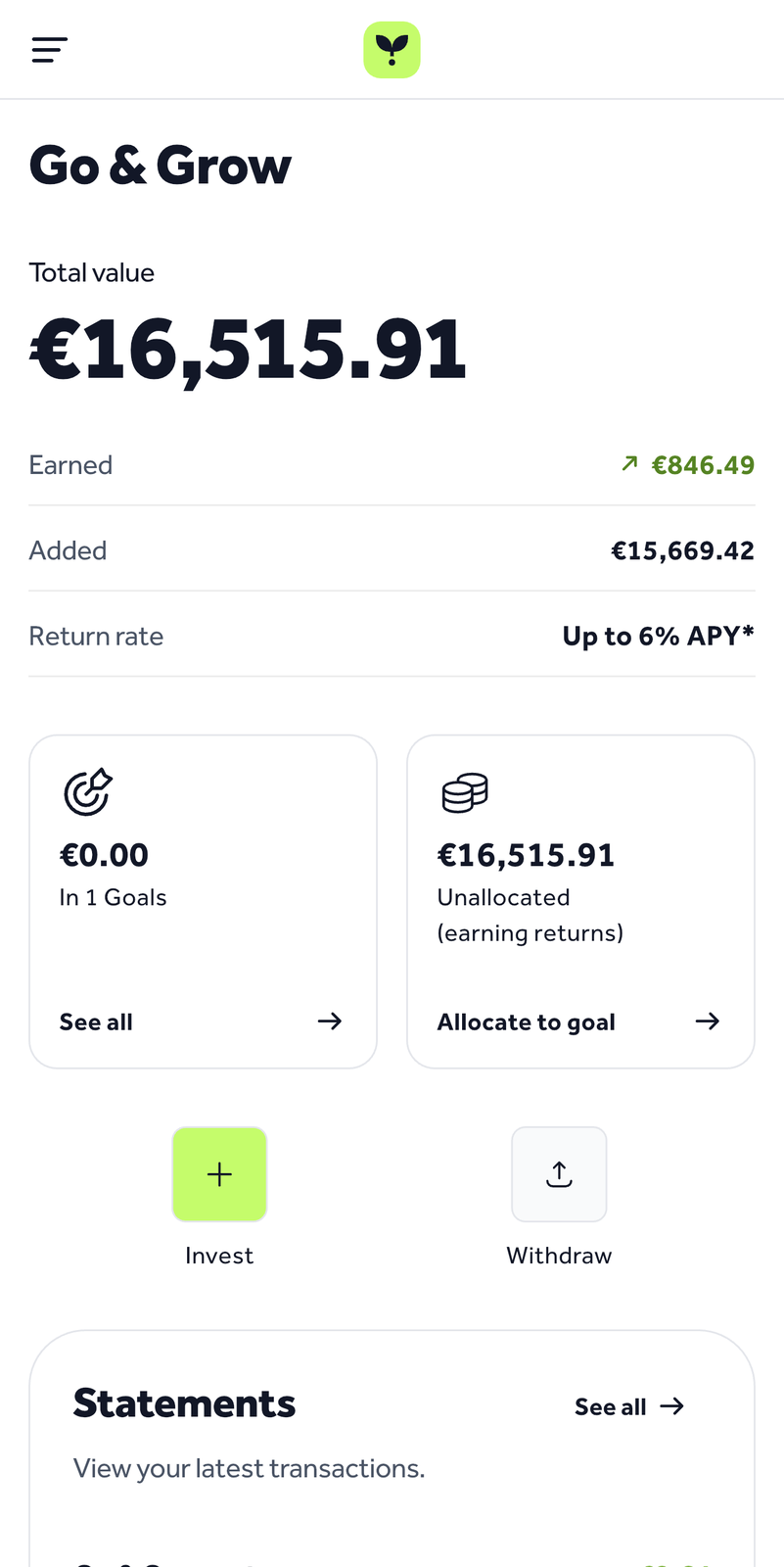 Go and Grow mobile dashboard showing a total value of €16,515.91, €846.49 earned, €15,669.42 added, and an up to 6% APY target, with Invest and Withdraw buttons.