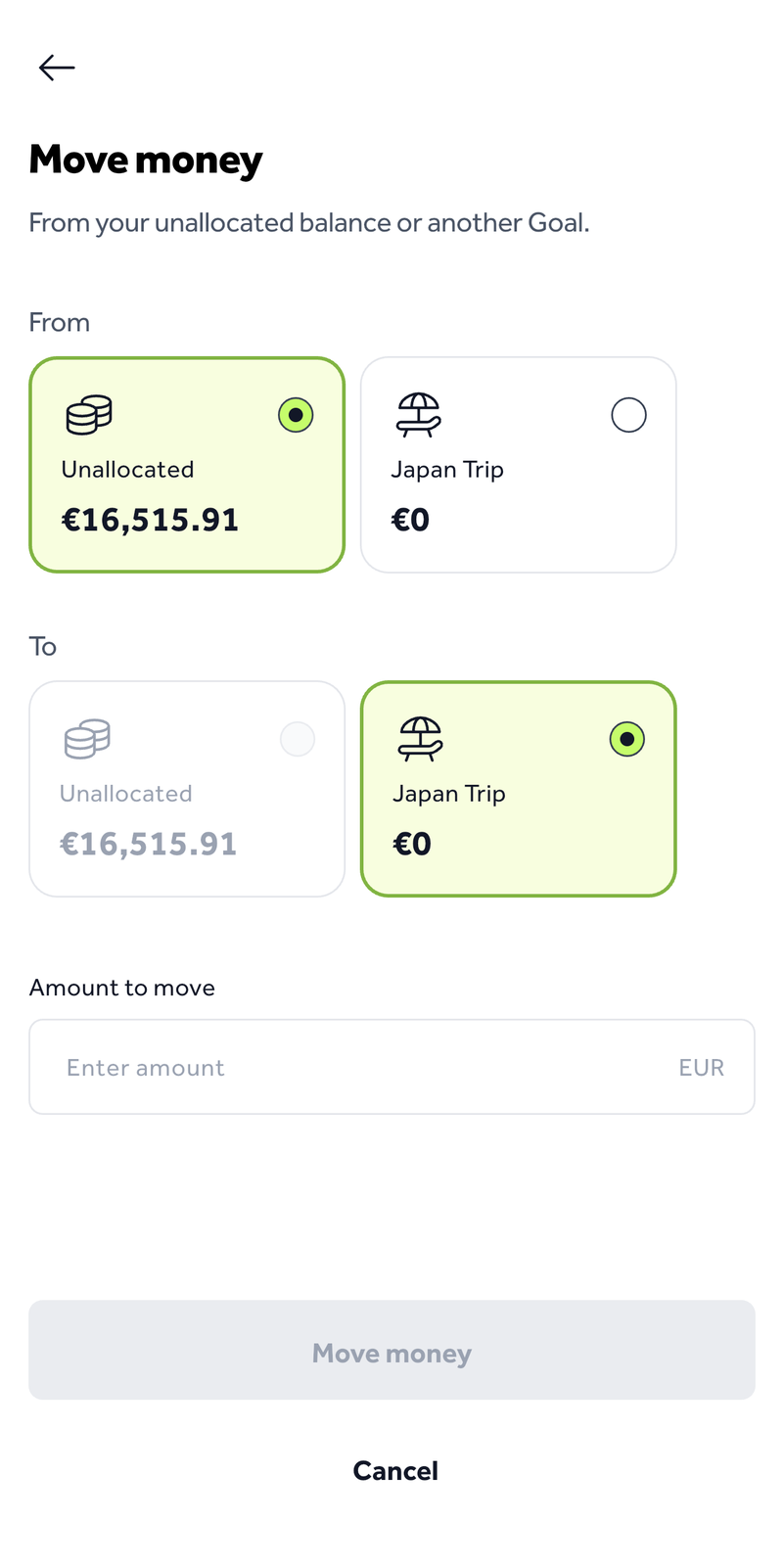 Go and Grow Move money screen showing a transfer from an Unallocated balance of €16,515.91 to a Japan Trip goal at €0, with an amount-to-move field in EUR.