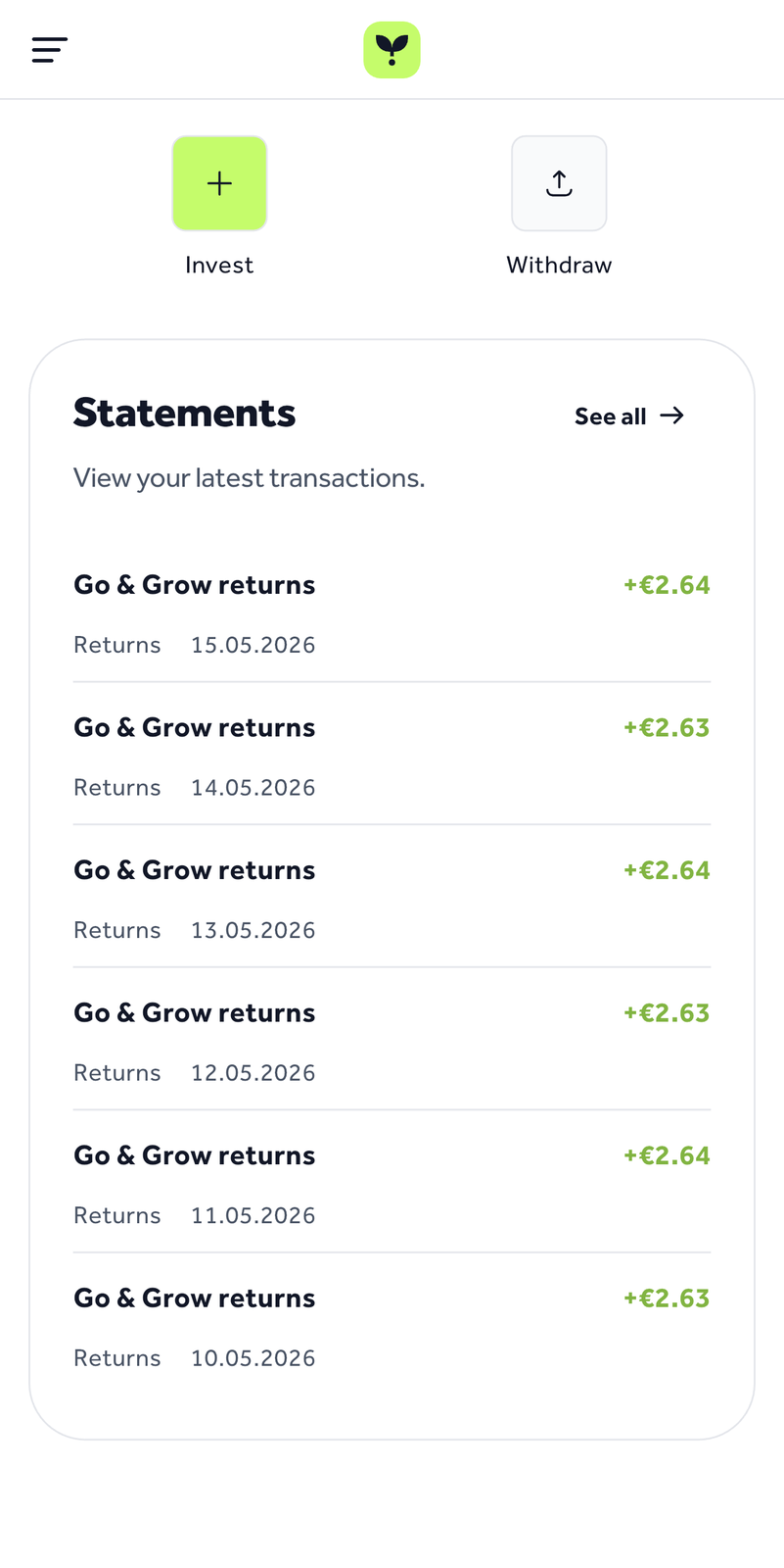 Go and Grow statements list showing returns of €2.63 to €2.64 credited on each of six consecutive days from 10 to 15 May 2026.