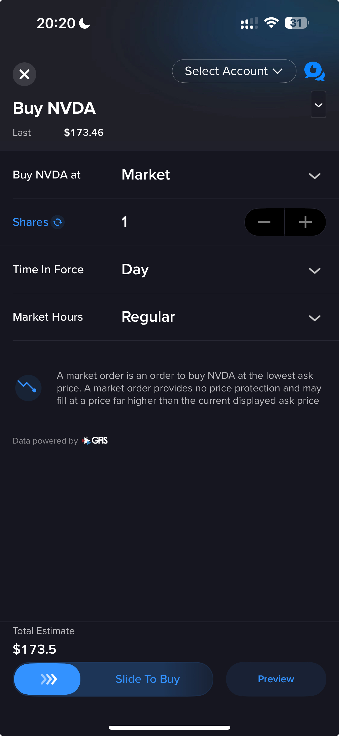 Interactive Brokers mobile app order ticket to buy 1 share of NVDA at market, last price $173.46, with a Slide To Buy button and a $173.5 total estimate