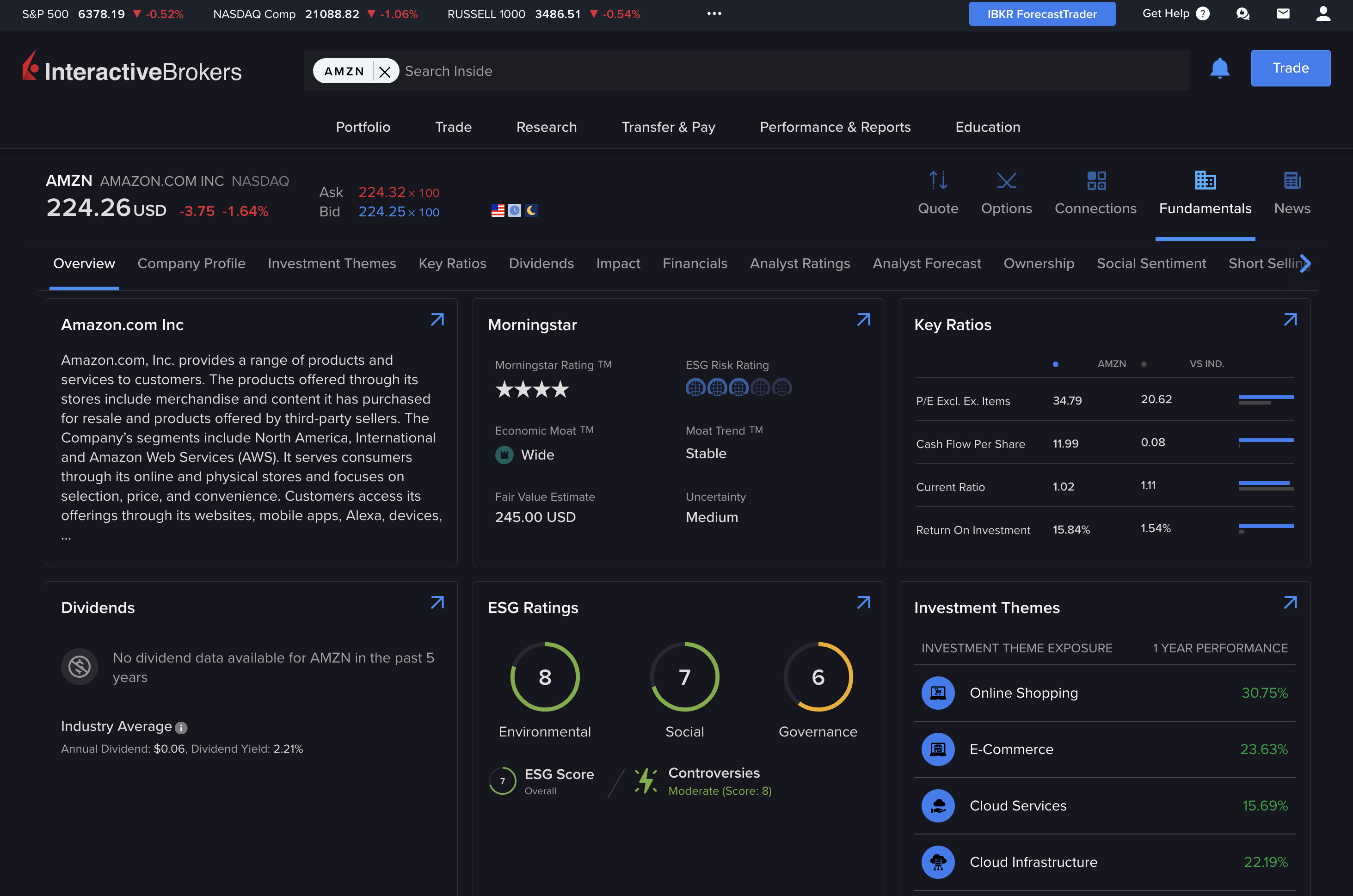 Interactive Brokers Fundamentals tab for Amazon.com (AMZN) showing key ratios, Morningstar rating, ESG scores and investment-theme exposure with one-year performance