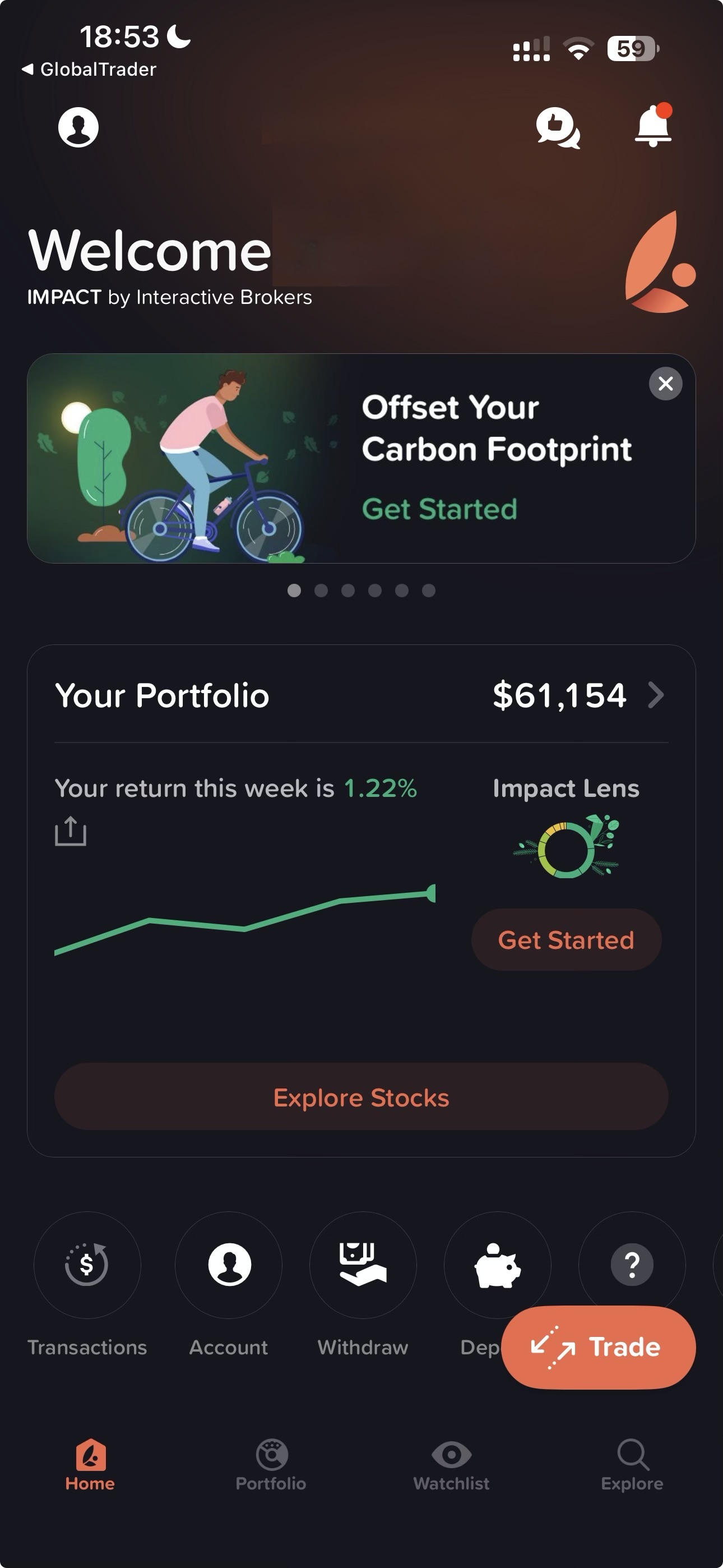 IBKR IMPACT account dashboard with portfolio value, Impact Lens and carbon-offset card