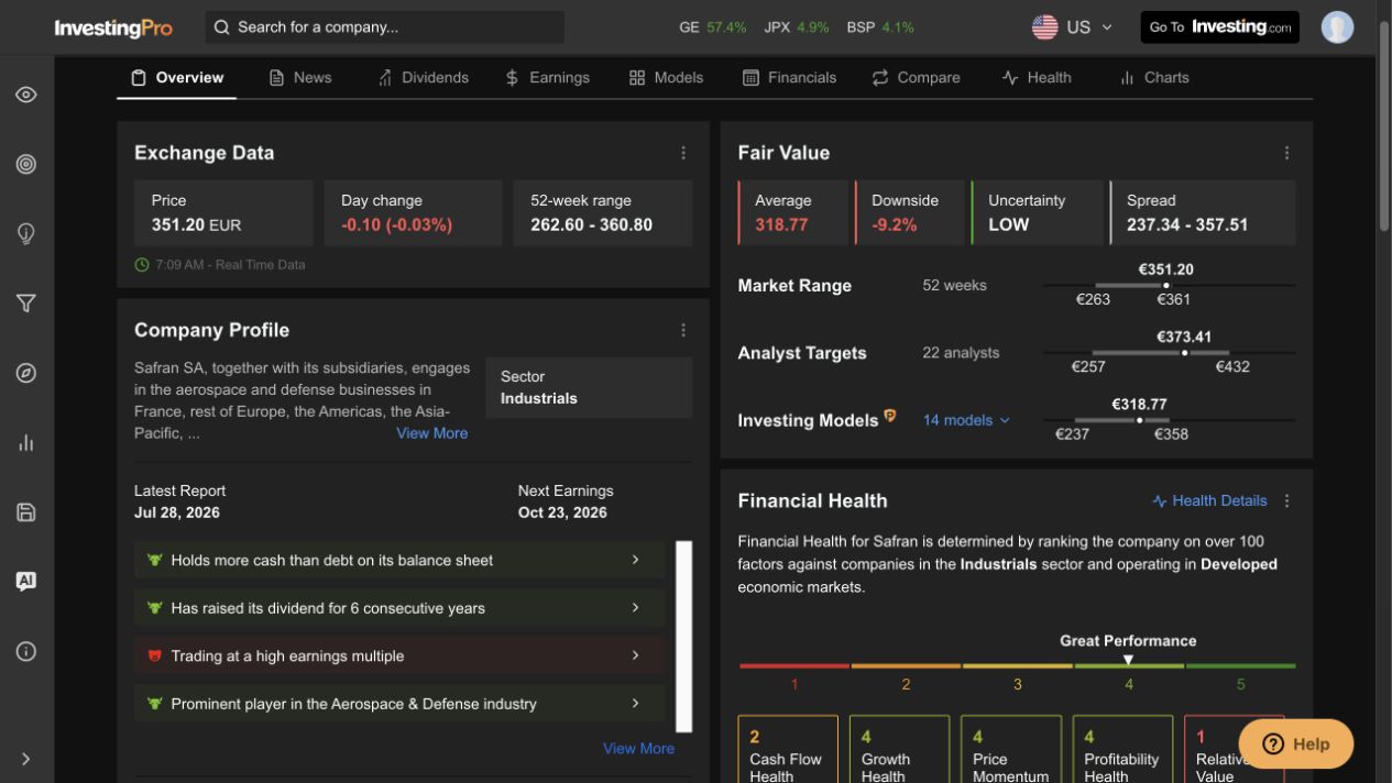 Safran Fair Value and Financial Health panels in InvestingPro on 4 August 2026