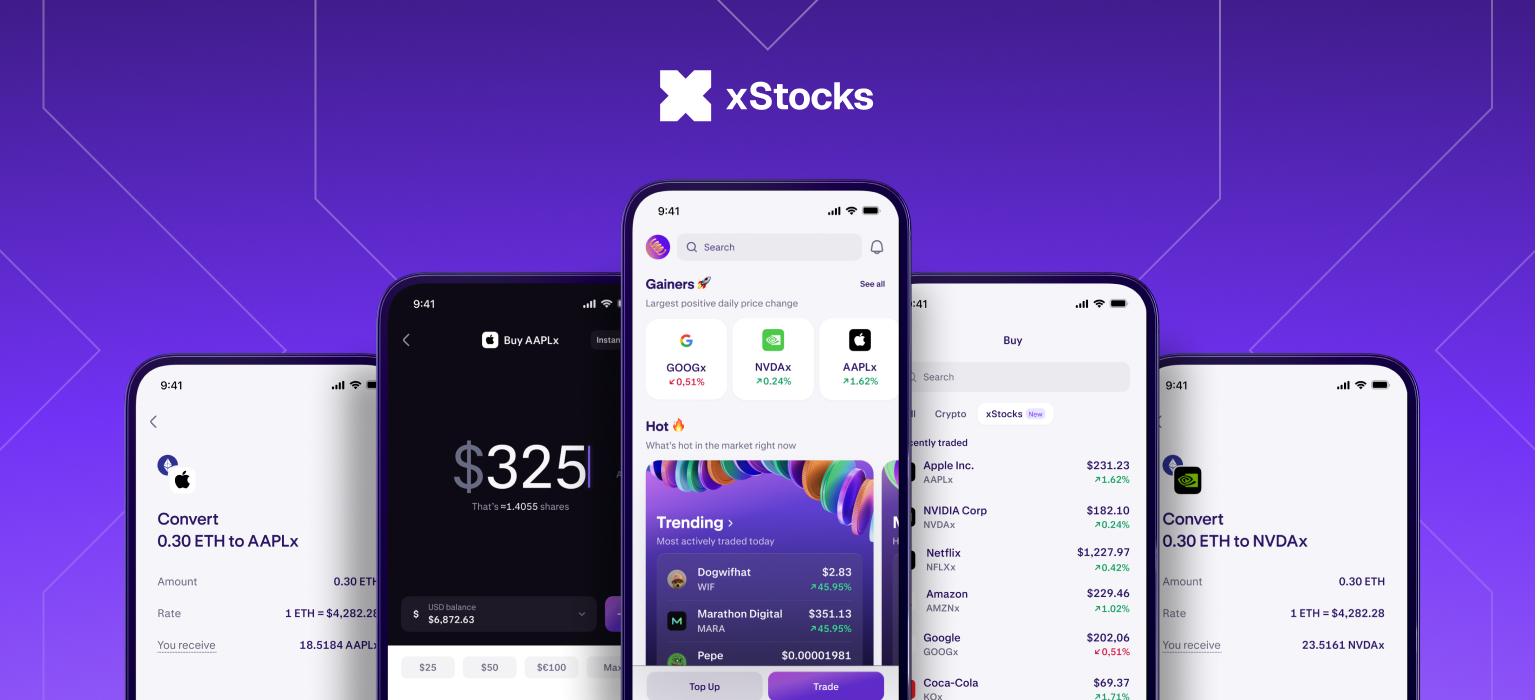 Kraken xStocks marketing screen showing several phones on a purple background with the xStocks logo, a card converting 0.30 ETH to AAPLx, a $325 buy ticket, a trending gainers list and a list of available US stocks