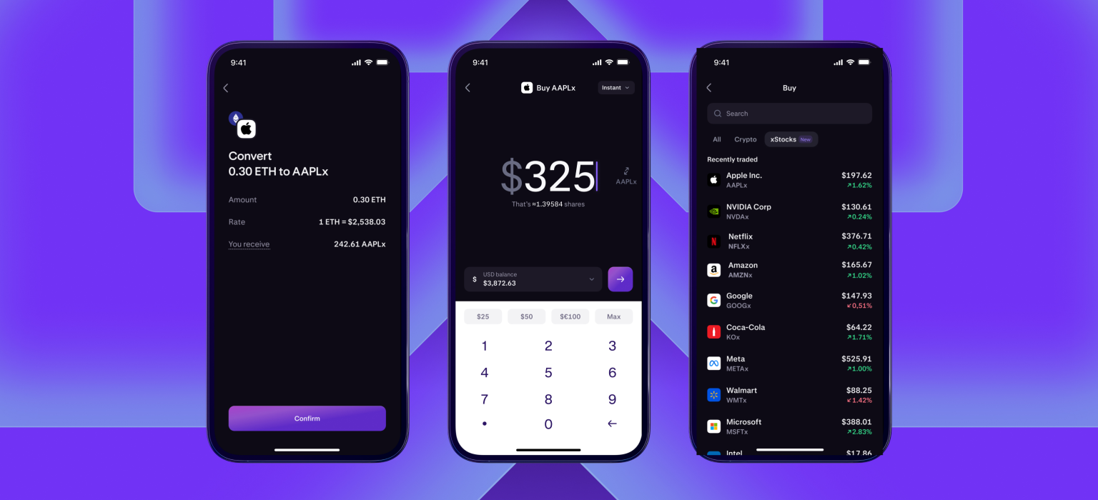 Three Kraken xStocks app screens: converting 0.30 ETH into 242.61 AAPLx, a Buy AAPLx ticket for $325 with a number pad, and a Buy list showing AAPLx, NVDAx, NFLXx, AMZNx, GOOGx, KOx, METAx, WMTx and MSFTx with live prices