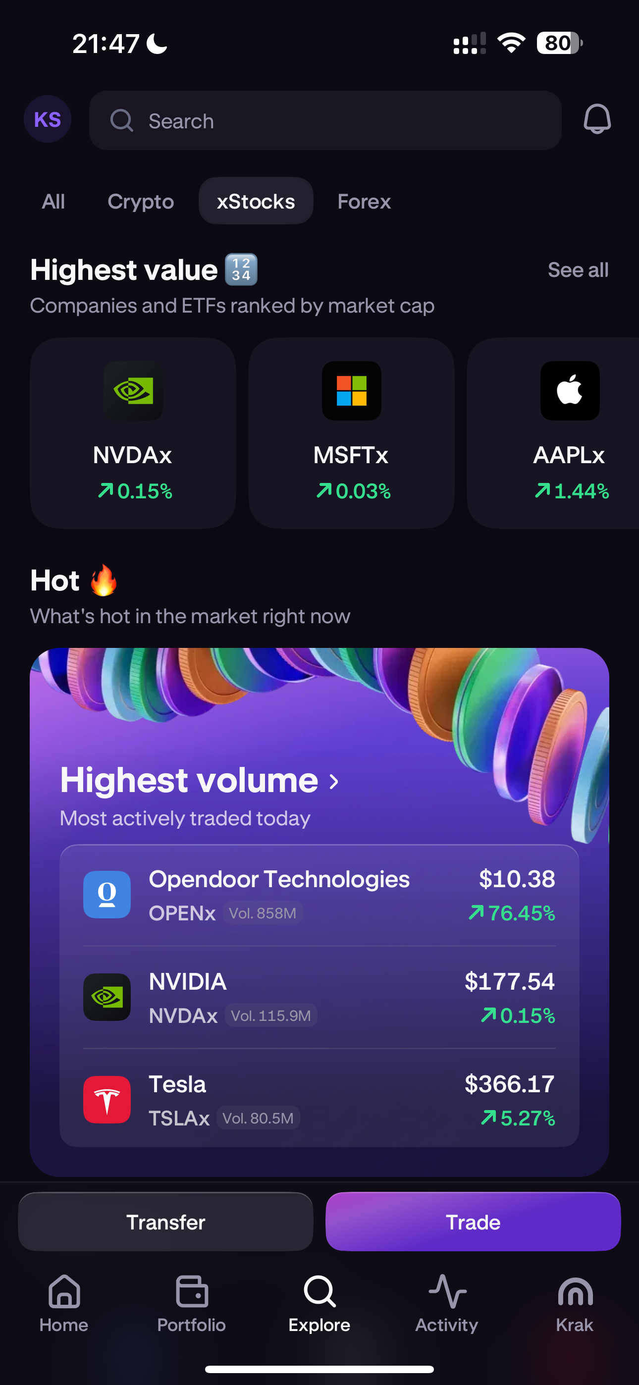 Kraken xStocks Explore tab with an xStocks filter selected, a Highest value section ranking NVDAx, MSFTx and AAPLx by market cap, and a Highest volume list showing Opendoor, NVIDIA and Tesla tokenized stocks