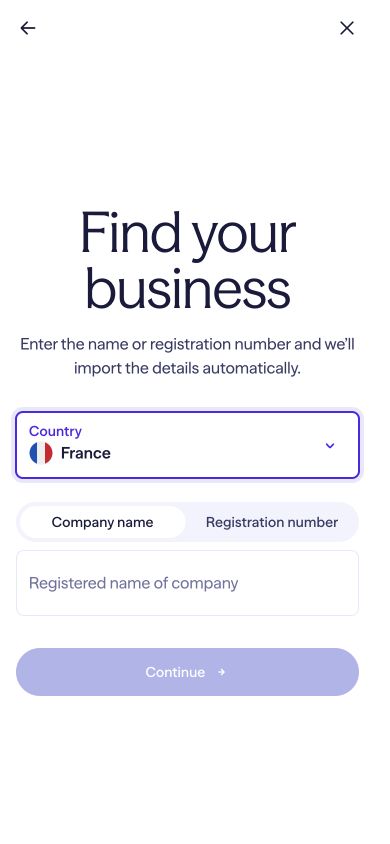 Genuine mobile view of Lightyear's Find your business screen with France selected