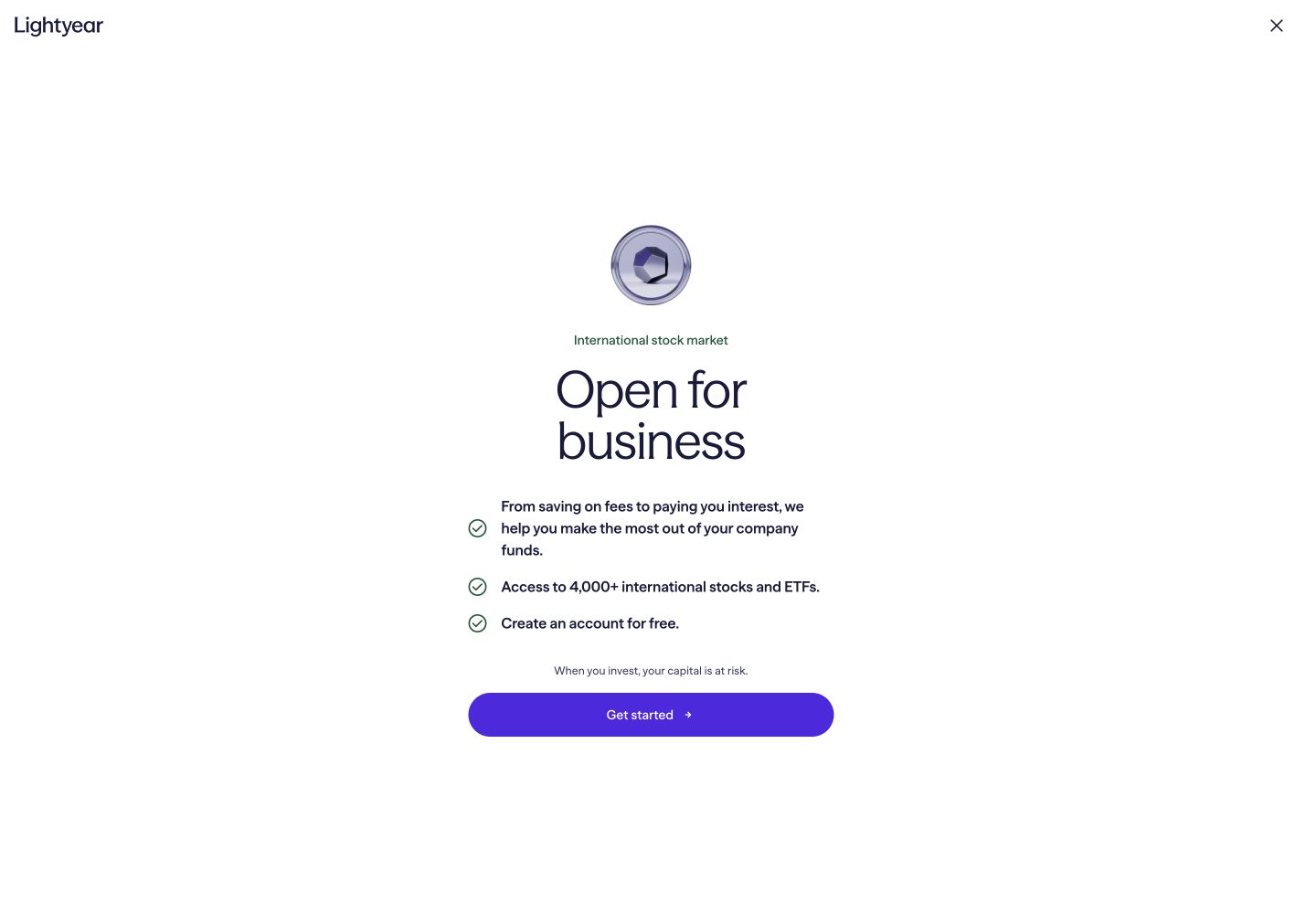 Full desktop view of Lightyear's Open for business screen in light mode