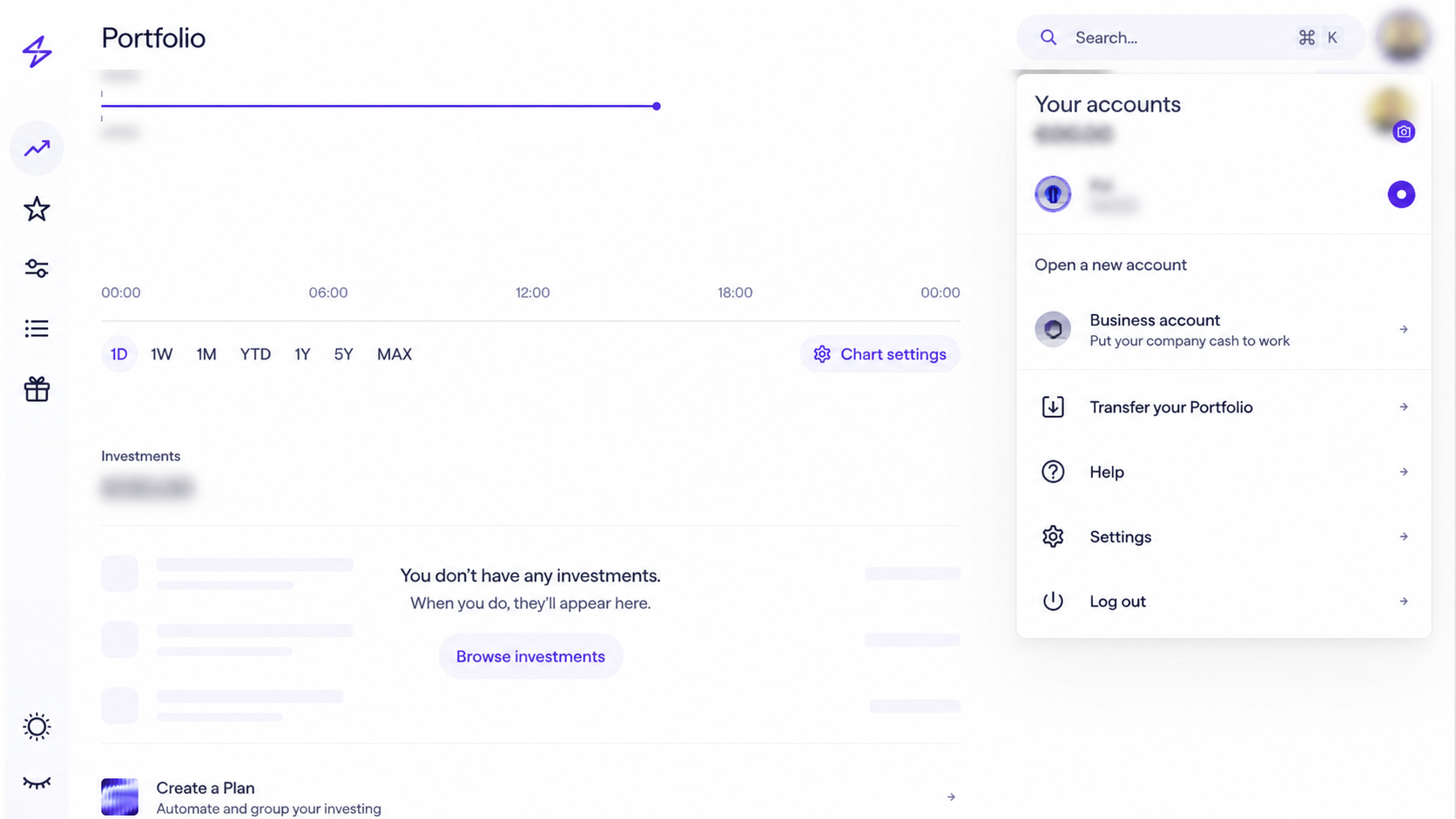 Privacy-redacted full desktop view of the Lightyear account menu showing Business account under Open a new account in light mode