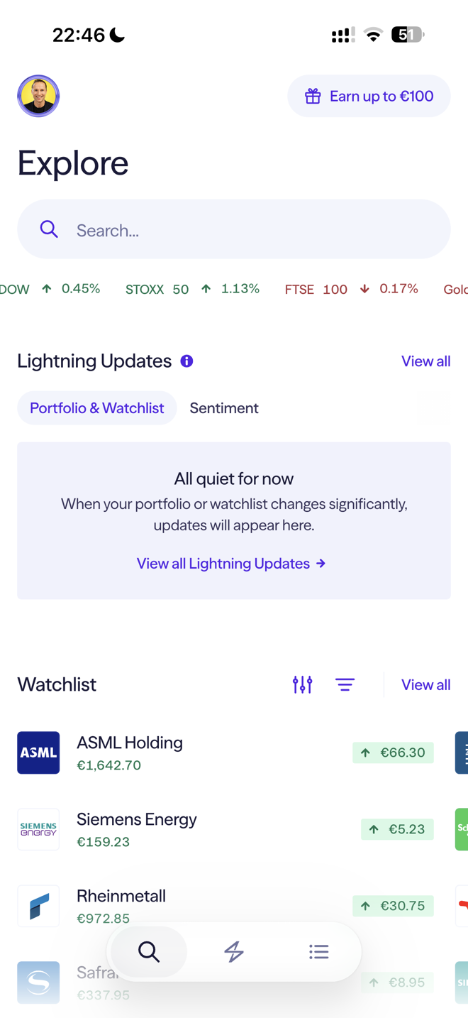 Lightyear app Explore tab in light mode showing market indices, AI Lightning Updates and a euro-denominated watchlist with ASML, Siemens Energy and Rheinmetall
