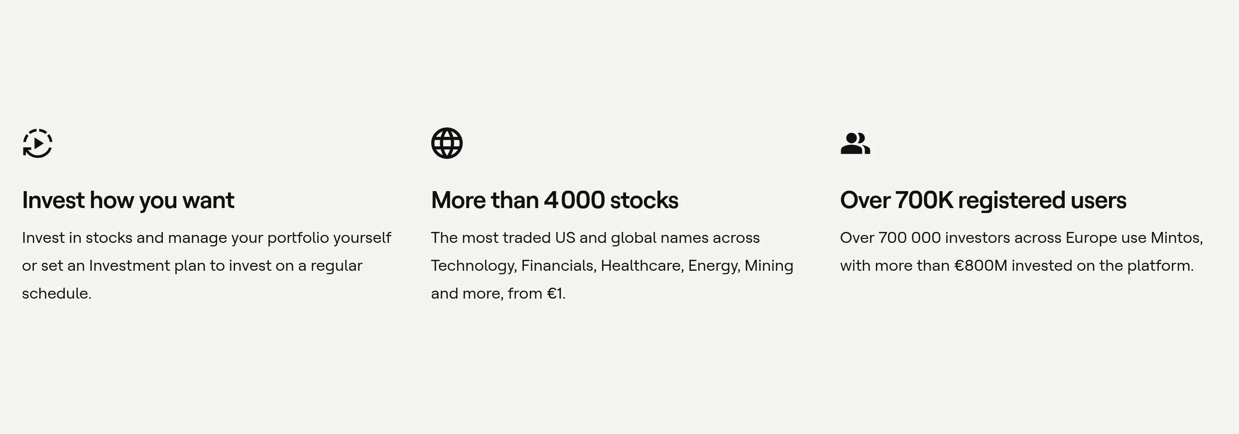 Three Mintos feature cards: invest how you want, more than 4,000 stocks, and over 700,000 registered users