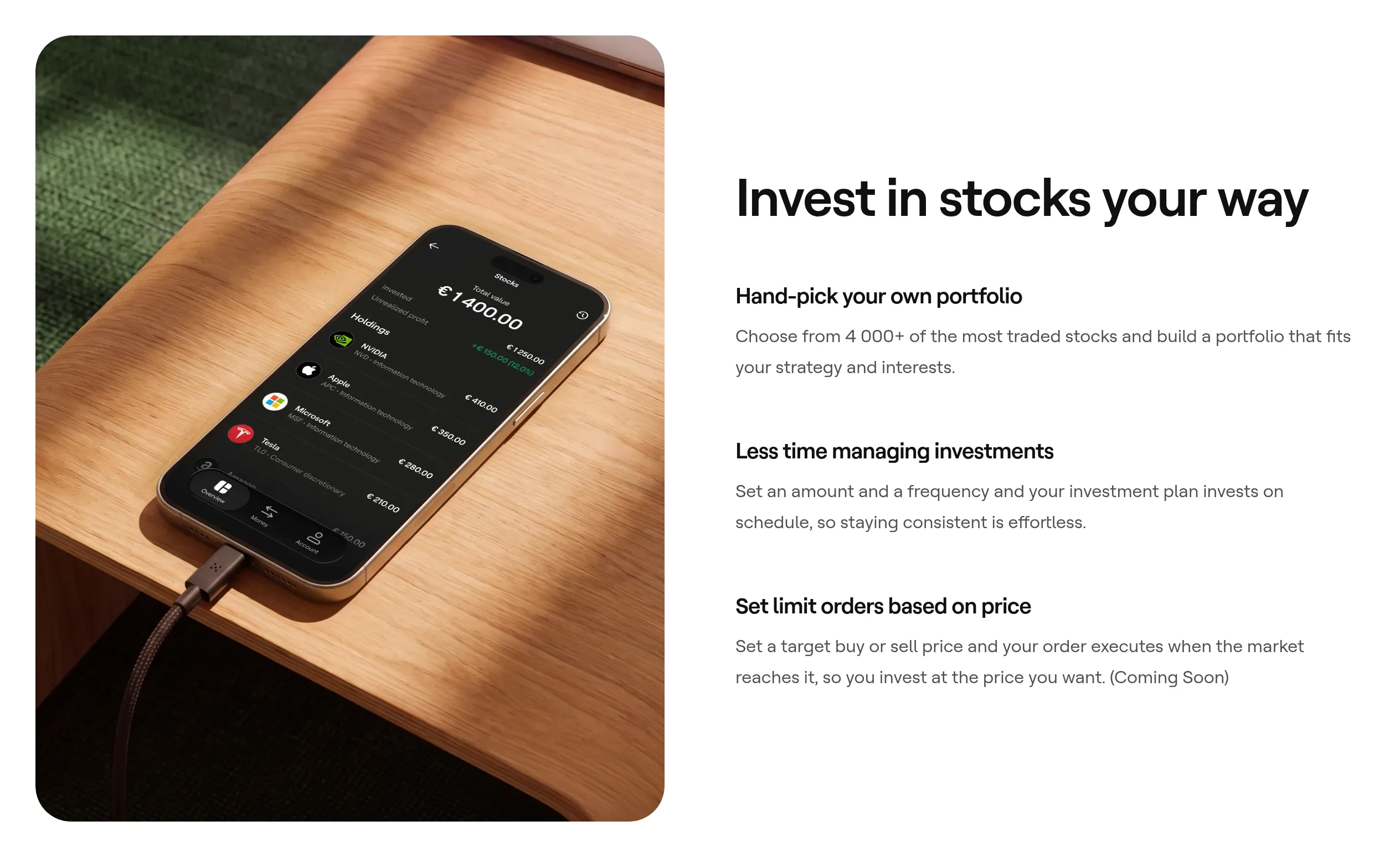 Mintos app on a phone showing a stock portfolio, next to the features hand-pick your own portfolio, investment plans and limit orders marked coming soon