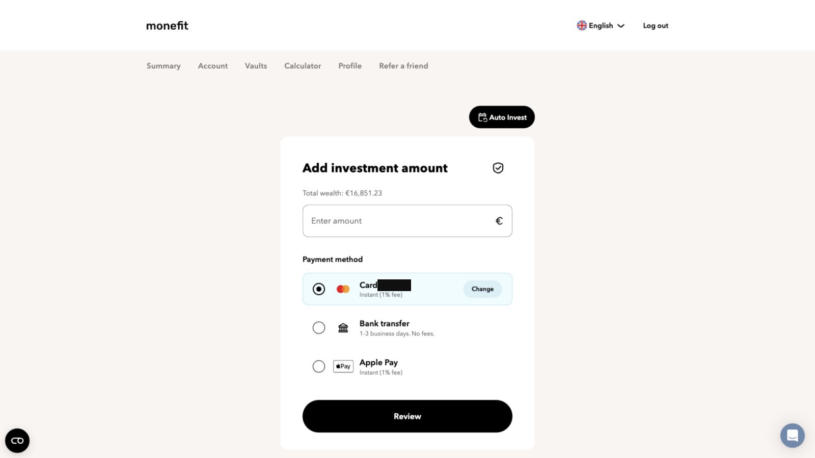 Monefit SmartSaver add investment screen showing card, bank transfer and Apple Pay funding options, with personal payment details redacted.