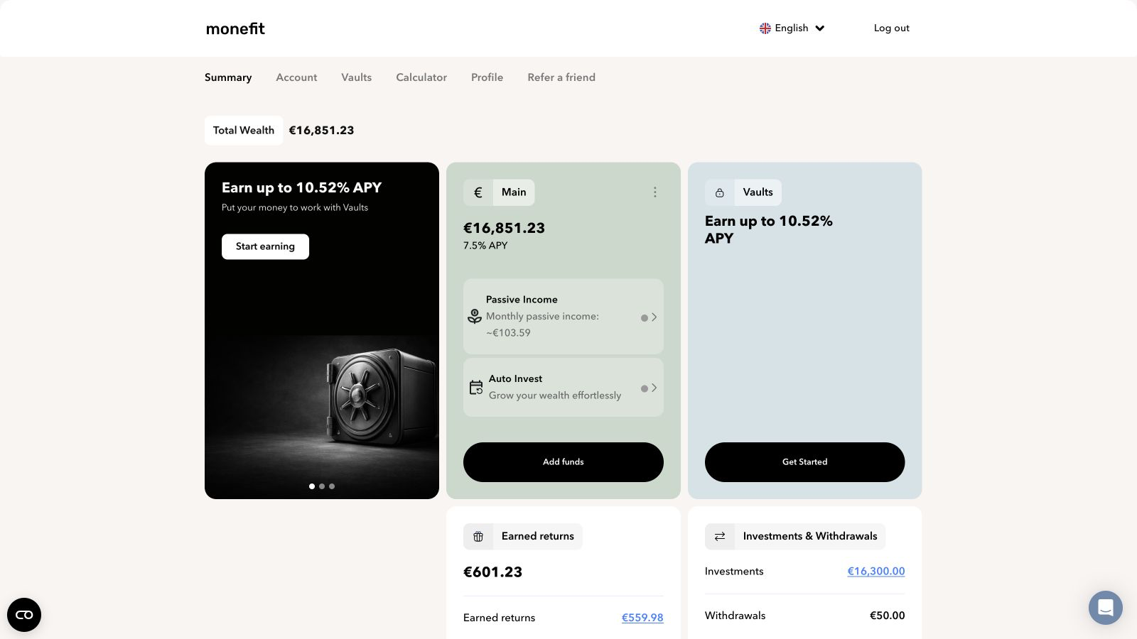 Monefit SmartSaver account summary showing total wealth of €16,851.23, a 7.5% expected APY, €601.23 of earned returns, €16,300 invested and €50 withdrawn.