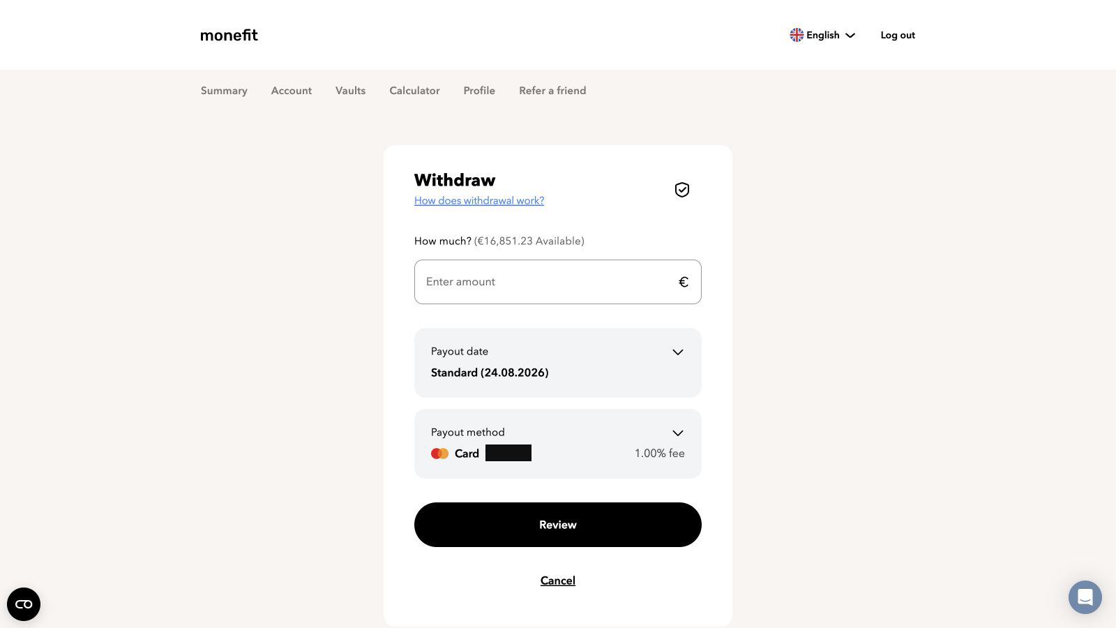 Monefit SmartSaver withdrawal screen showing available balance, payout date, payout method and a 1% card fee, with personal payment details redacted.