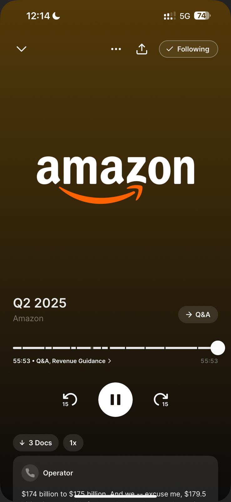 Quartr earnings call player showing Amazon's Q2 2025 call with the audio scrubber on the Q&A and Revenue Guidance segment, play and skip controls, a 1x speed toggle, 3 Docs, and a live transcript line about revenue