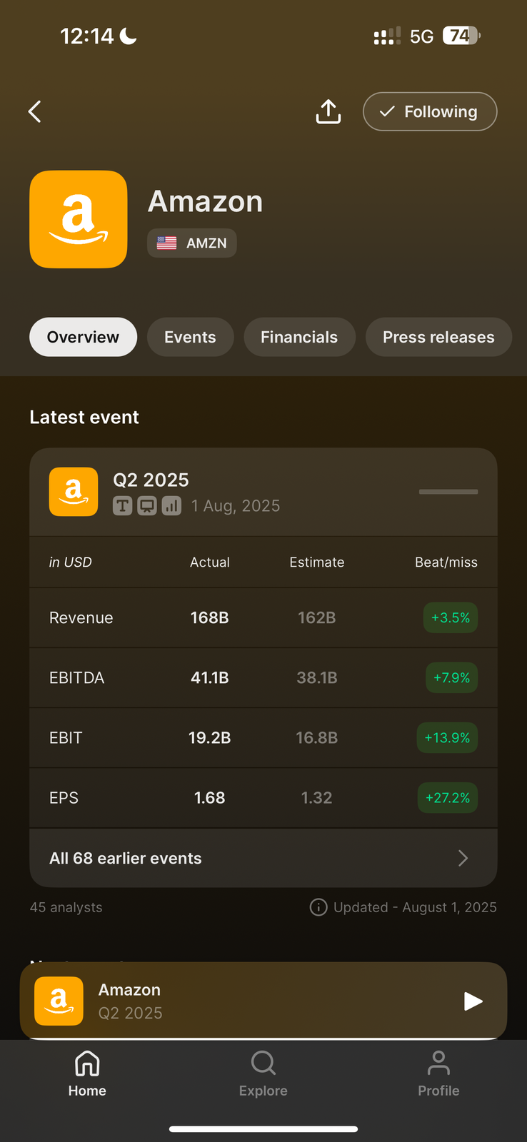 Quartr company overview for Amazon showing Overview, Events, Financials and Press releases tabs, with the latest Q2 2025 event listing revenue, EBITDA, EBIT and EPS as actual versus estimate with beat or miss percentages, plus a link to all 68 earnings events and 41 analysts