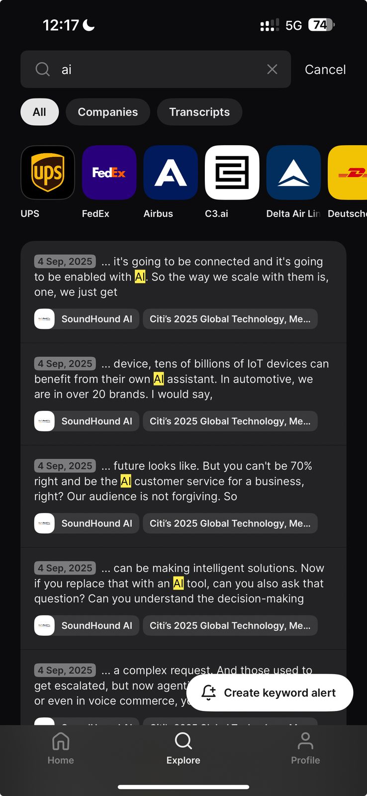 Quartr cross-transcript search with the keyword ai entered, filter tabs for All, Companies and Transcripts, a row of company logos including UPS, FedEx, Airbus, C3.ai and Delta Air Lines, and a list of transcript snippets from SoundHound AI at Citi's 2025 Global Technology conference with AI highlighted, plus a Create keyword alert button
