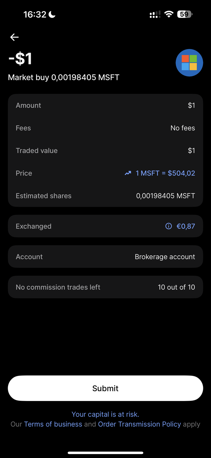 Revolut order screen for a market buy of 0.00198405 MSFT for 1 dollar, showing Fees listed as No fees, 10 out of 10 commission-free trades left, a Submit button, and a Your capital is at risk warning at the bottom