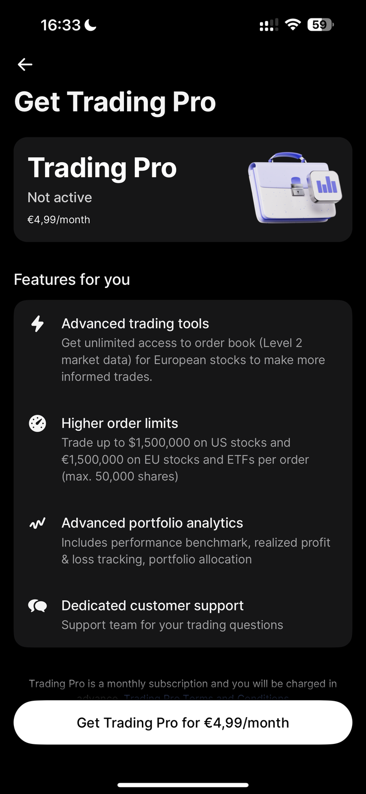 Revolut Get Trading Pro screen, priced at 4.99 euros per month and marked Not active, listing features including advanced trading tools with Level 2 market data, higher order limits up to 1.5 million dollars, advanced portfolio analytics, and dedicated customer support