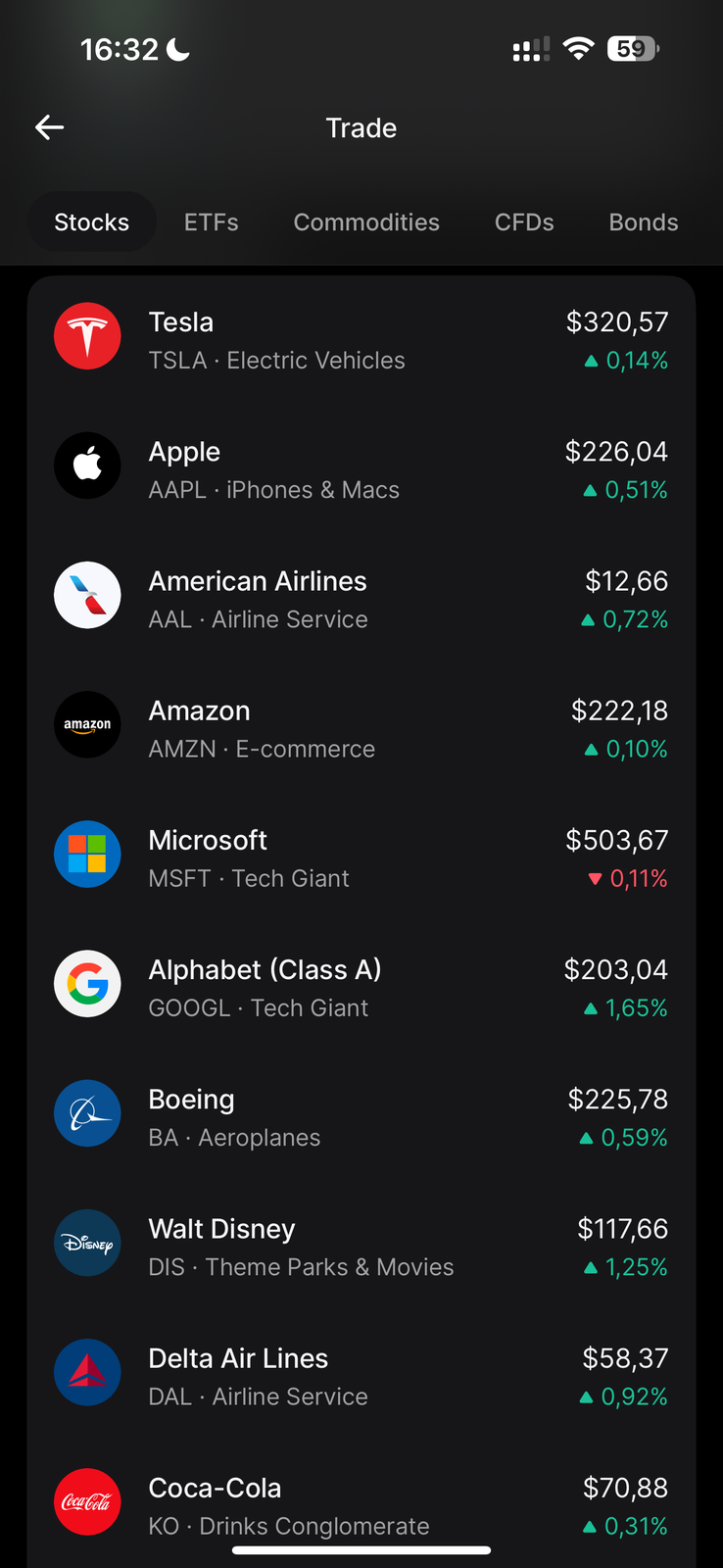 Revolut Trade tab on the Stocks list showing US companies with live prices, including Tesla at 320.57 dollars, Apple at 226.04 dollars, American Airlines, Amazon, Microsoft at 503.67 dollars, Alphabet, Boeing, Walt Disney, Delta Air Lines and Coca-Cola