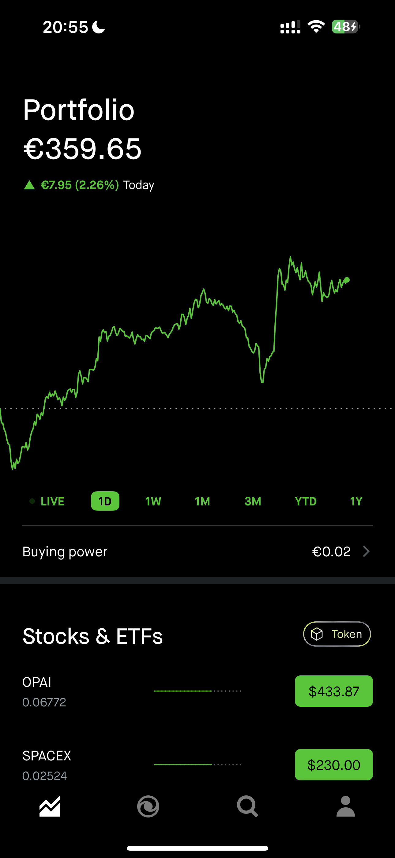 Robinhood app portfolio screen showing a balance of €359.65, up €7.95 (2.26%) today, a green performance line chart, €0.02 buying power, and tokenized positions OPAI at €433.87 and SPACEX at €230.00