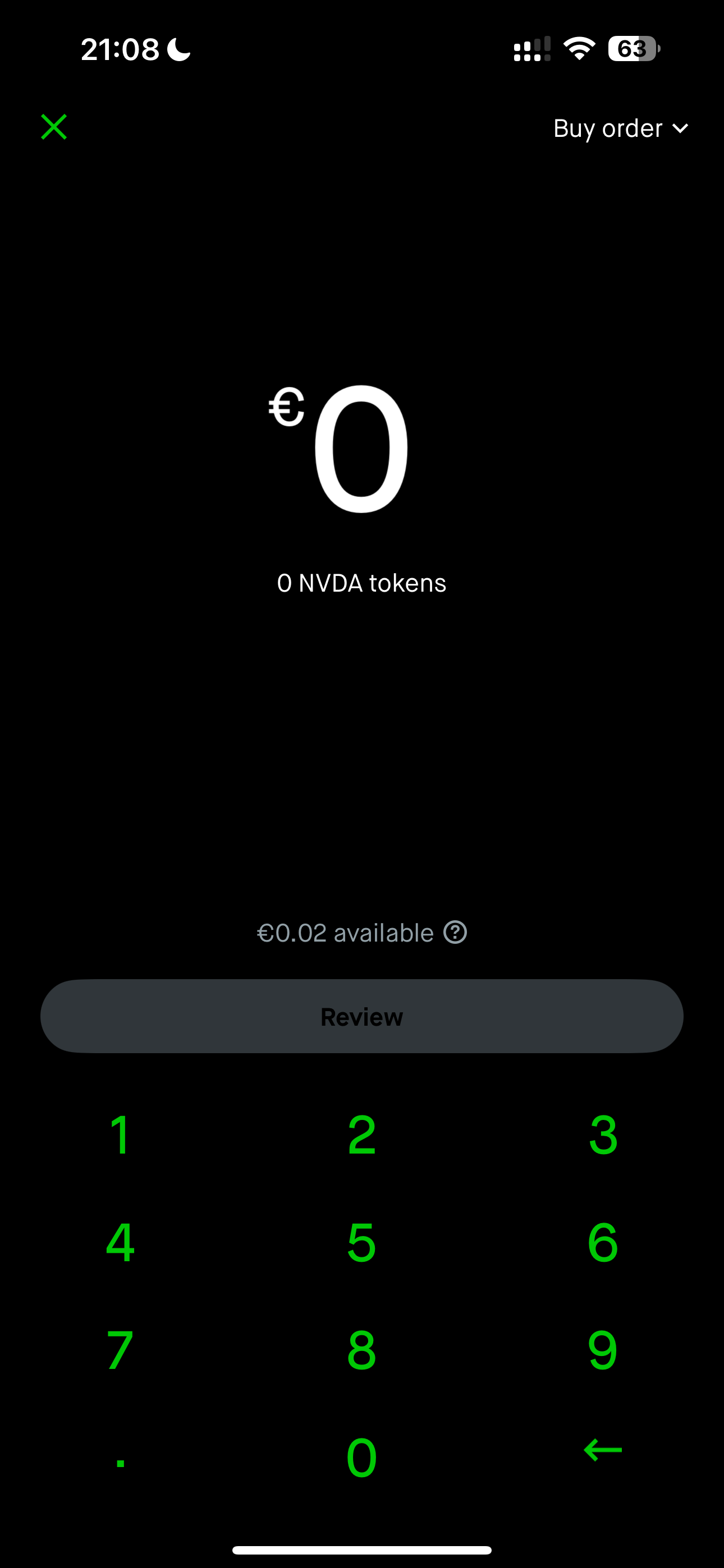 Robinhood buy order screen for NVDA tokens, showing an amount of €0 entered, the line 0 NVDA tokens, €0.02 available below, a greyed-out Review button, and a green numeric keypad