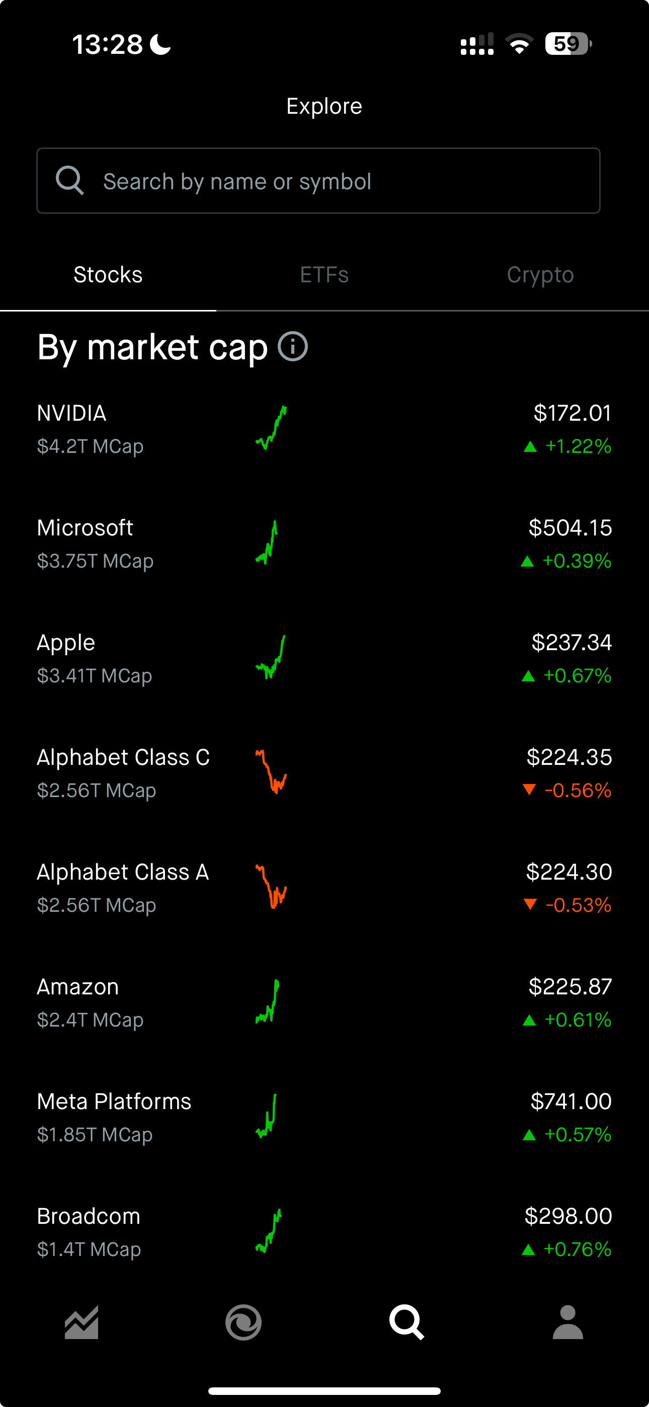 Robinhood Europe app Explore screen listing tokenized US stocks by market cap, including NVIDIA, Microsoft, Apple, Alphabet, Amazon, Meta and Broadcom with live prices