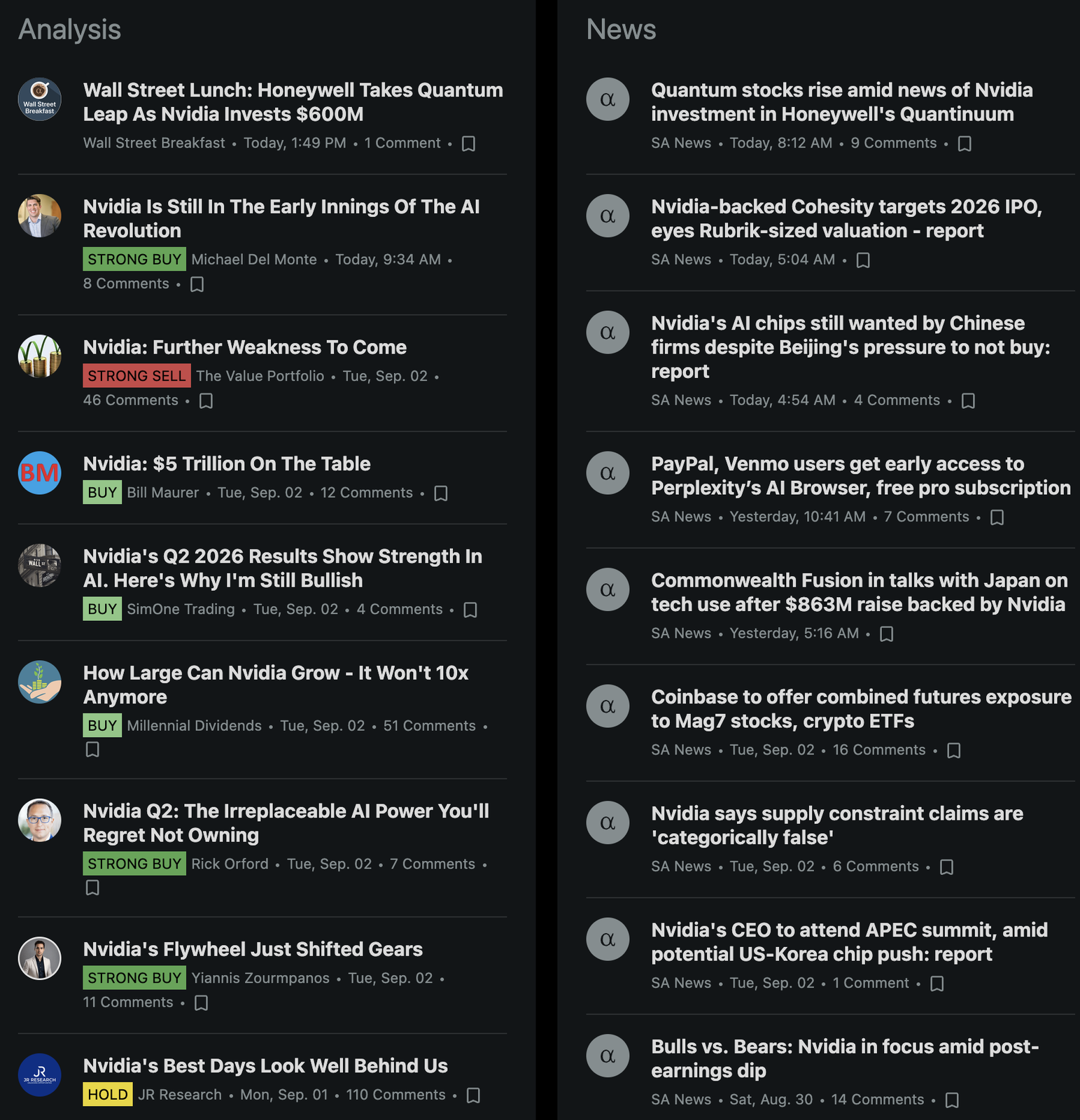 Seeking Alpha analysis feed showing contributor articles on NVIDIA tagged Strong Buy, Buy, Hold and Strong Sell next to author names, alongside the SA News column with dated market headlines
