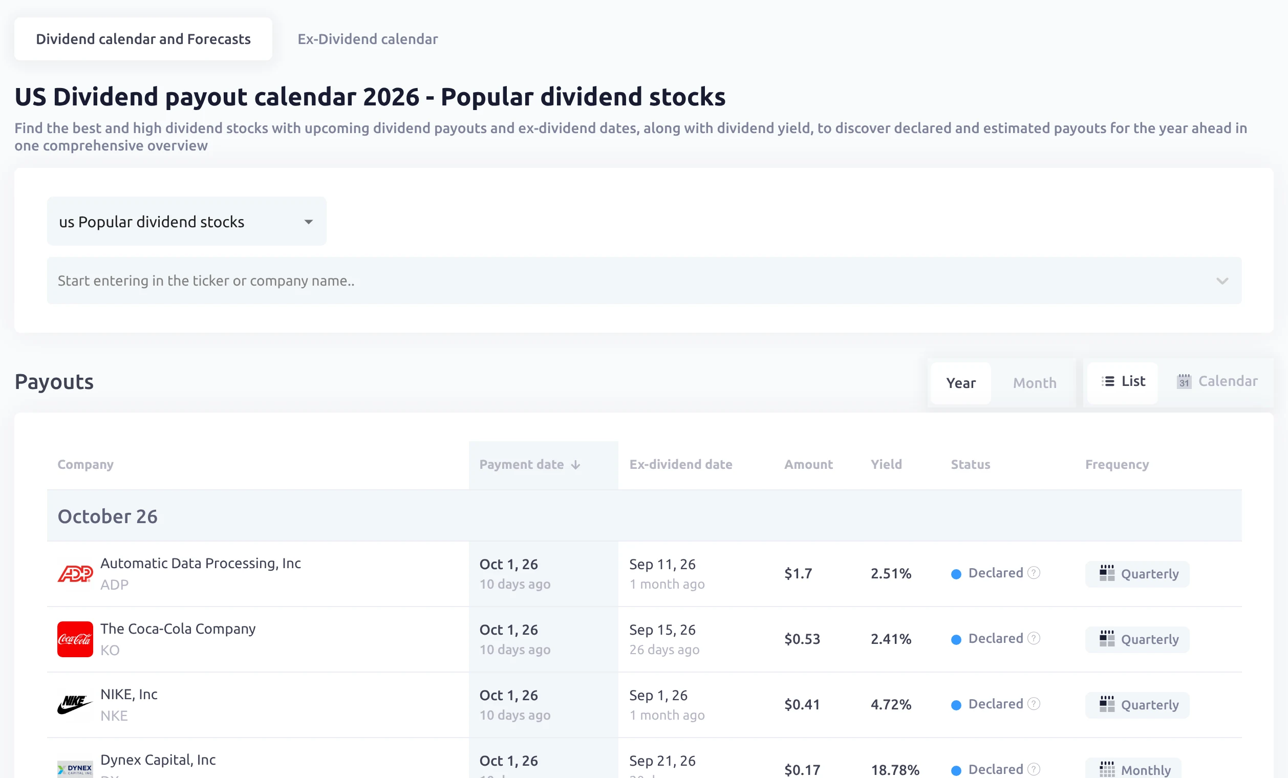 Snowball Analytics public dividend payout calendar listing popular US dividend stocks with payment date, ex-dividend date, amount, yield and frequency