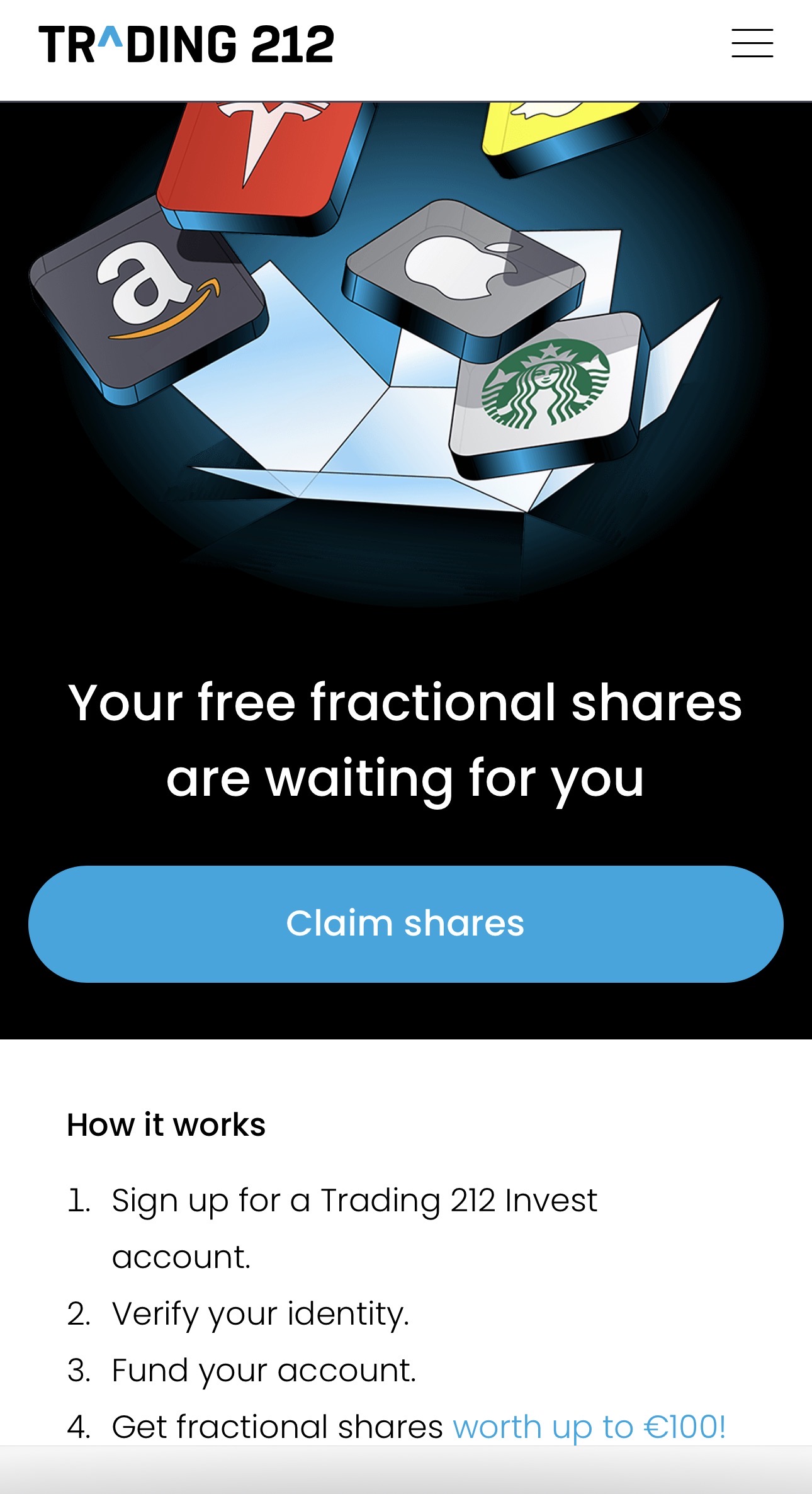 Trading 212 app showing the free fractional shares welcome offer and how it works