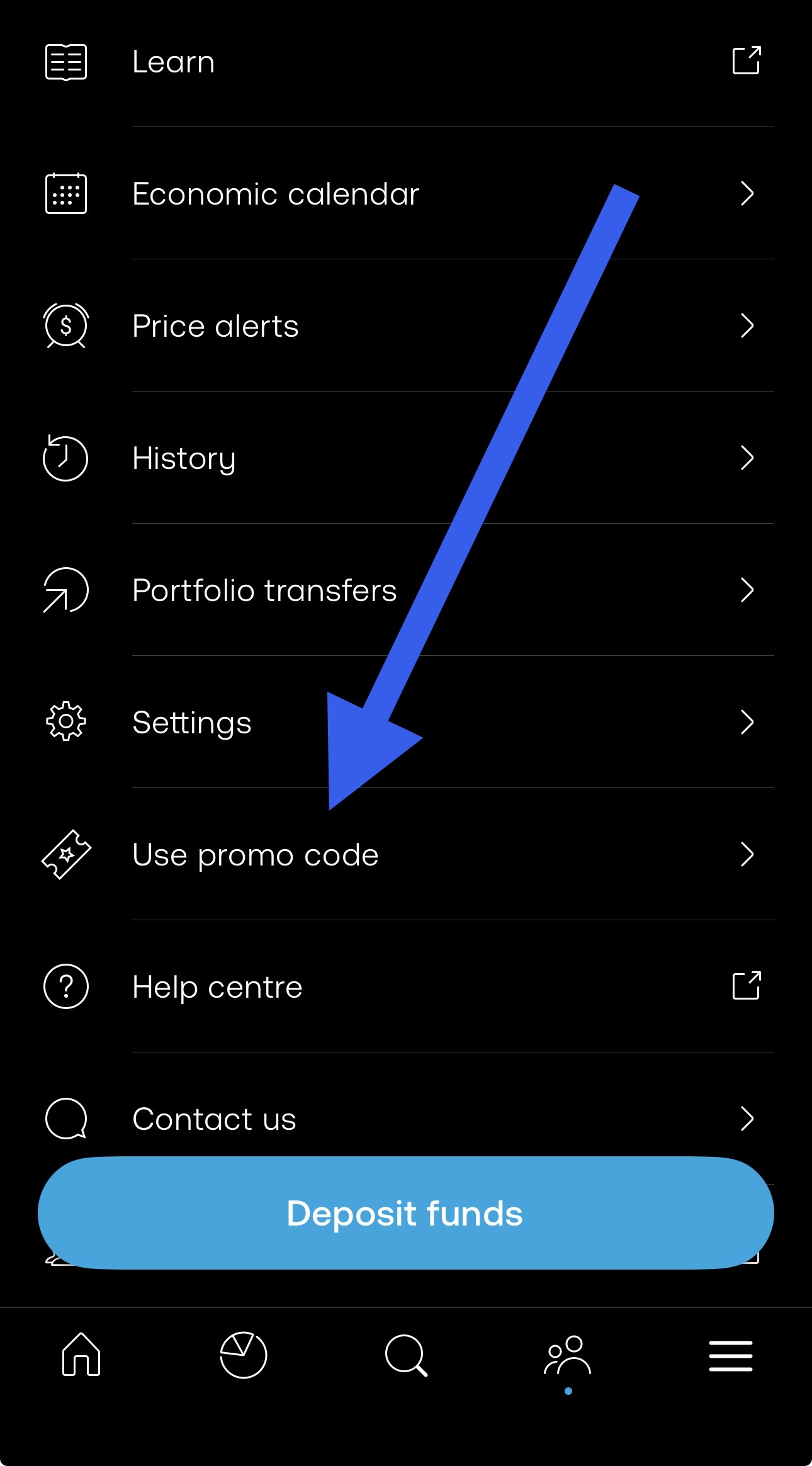 Trading 212 app menu highlighting the Use promo code option
