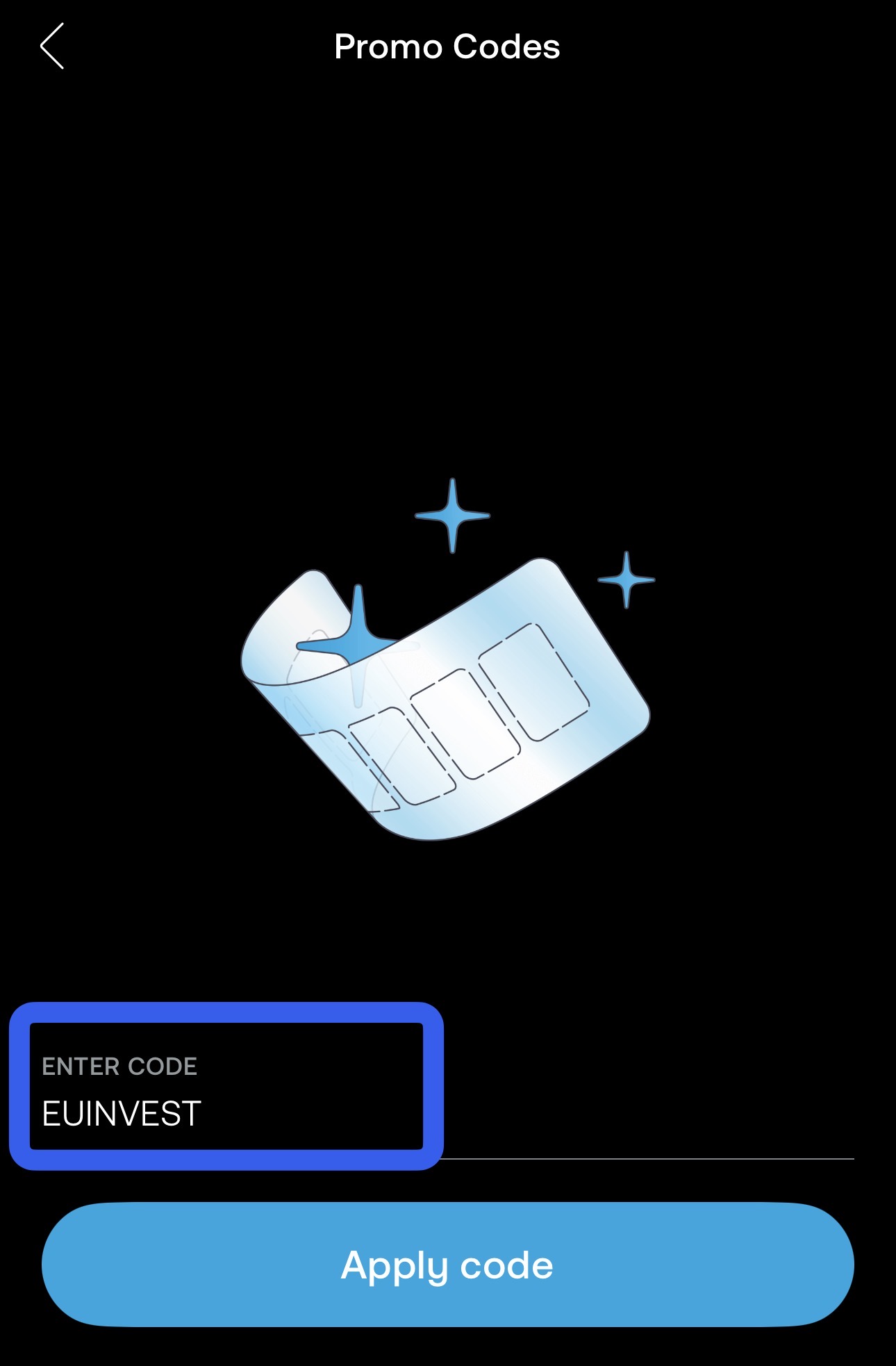 Entering the EUINVEST promo code in the Trading 212 app