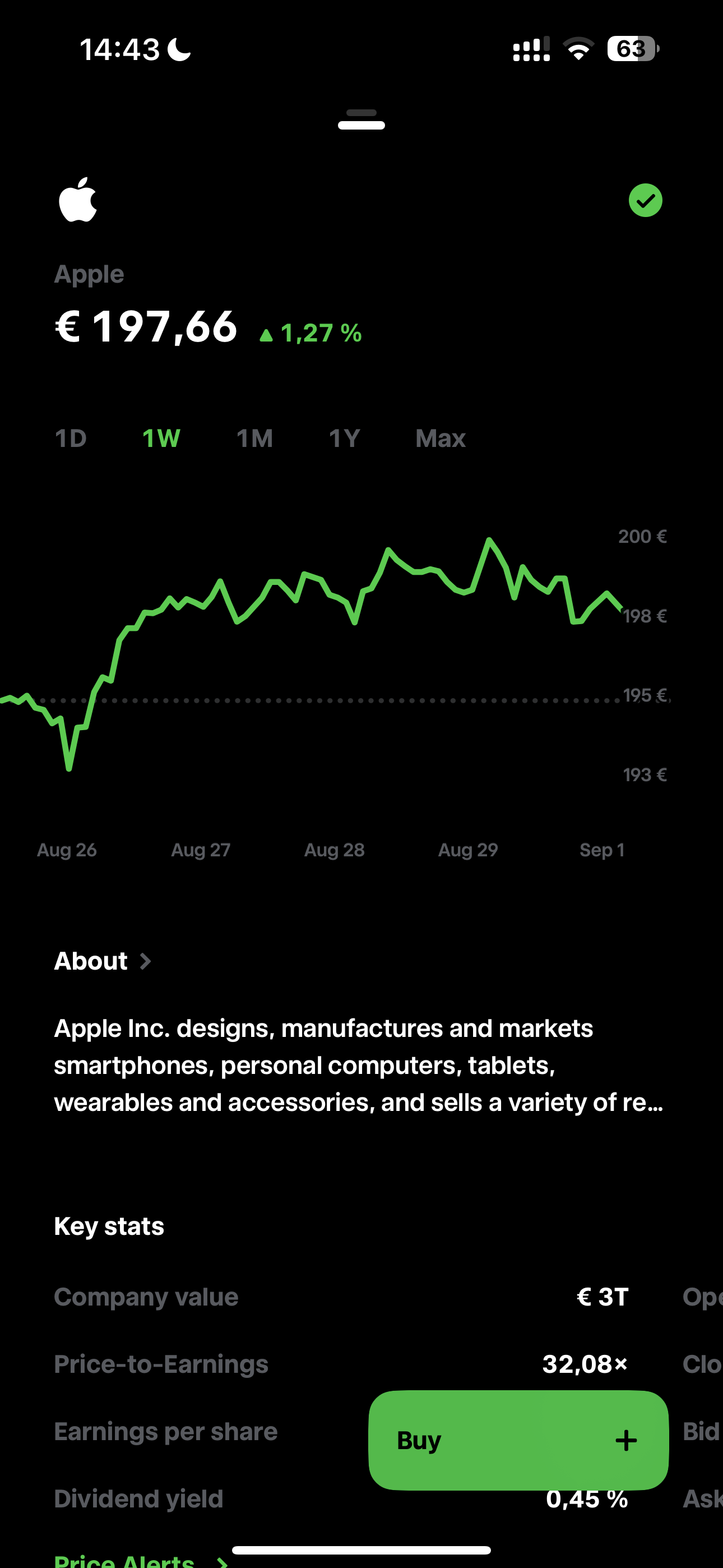 Trade Republic app showing the Apple stock page at €197.66, up 1.27 percent, with a one-week price chart, an About section and Key stats including a €3T company value and 32.08x price-to-earnings, plus a green Buy button