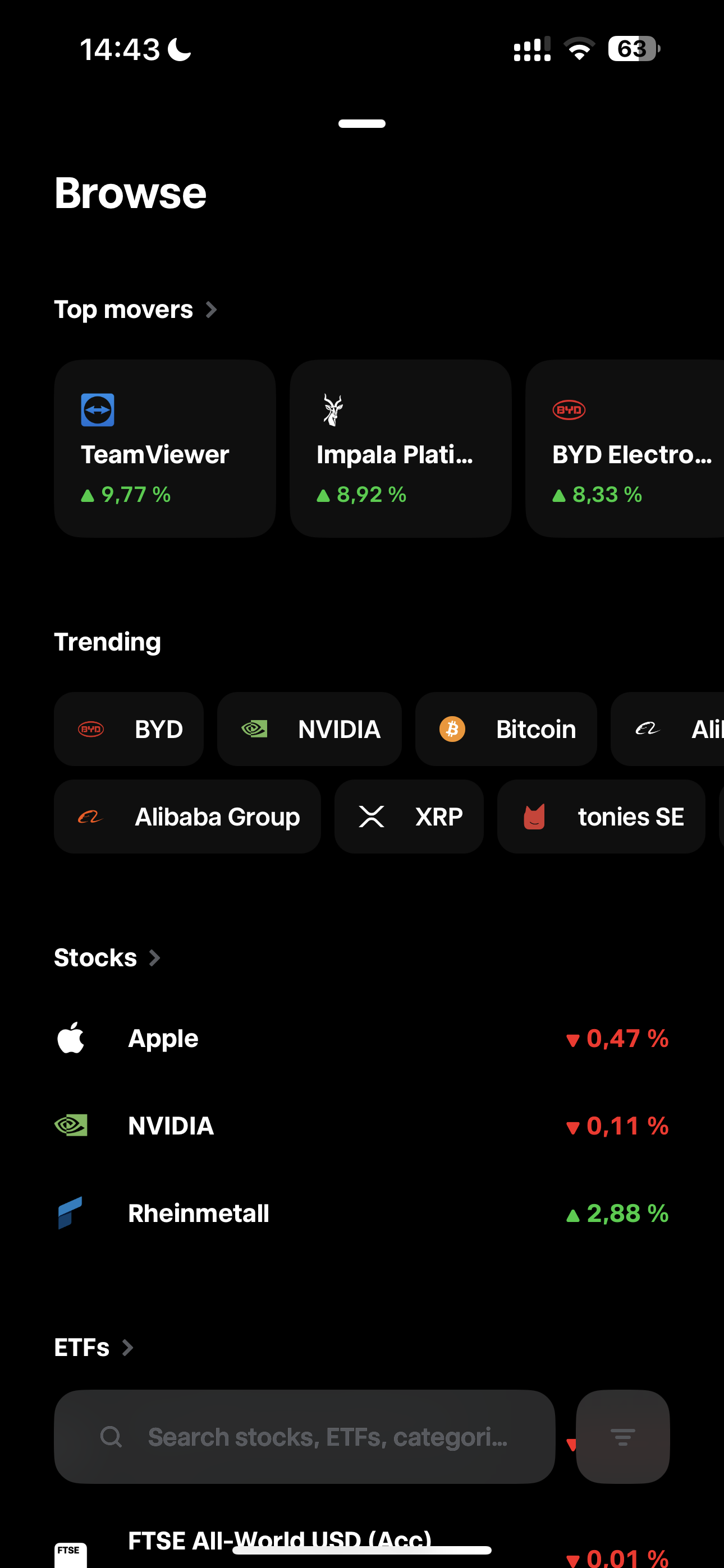 Trade Republic app Browse screen showing Top movers such as TeamViewer up 9.77 percent and BYD Electronics up 8.33 percent, a Trending row with BYD, NVIDIA, Bitcoin and Alibaba, a Stocks list with Apple, NVIDIA and Rheinmetall, and an ETFs section with a search bar