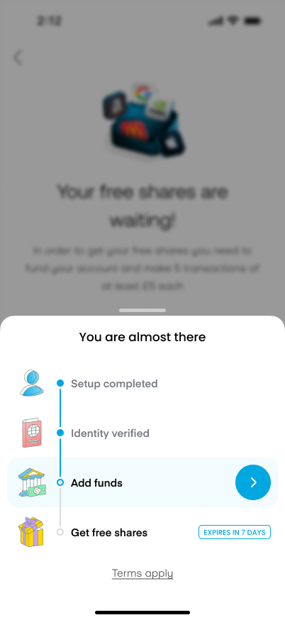 Trading 212 app checklist showing the steps still to complete after the promo code has been entered