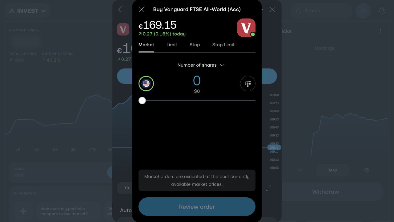 Empty Trading 212 order ticket for the Vanguard FTSE All-World UCITS ETF showing market, limit, stop and stop-limit tabs, zero shares and a disabled Review order button