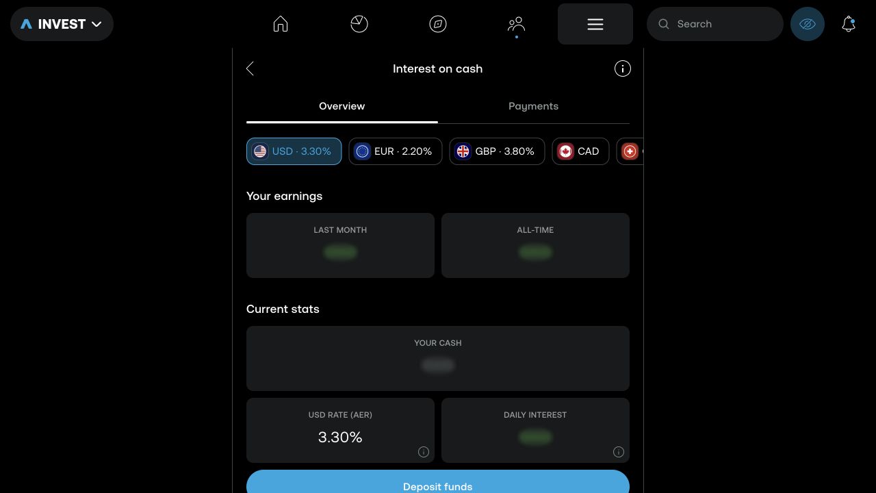 Trading 212 Interest on cash dashboard showing dated AER rates of 3.30 percent for USD, 2.20 percent for EUR and 3.80 percent for GBP, with personal cash and earnings hidden